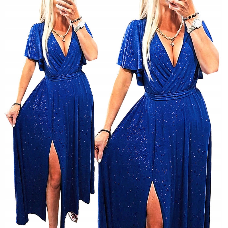 Sukienka Długa Z Rozcięciem Na Wesele Impreze Połyskująca Chabrowa