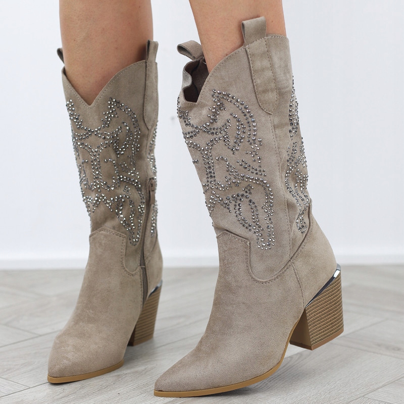 Khaki beżowe kozaki damskie na słupku wygodne kowbojki A9586 r.37 Rozmiar 37