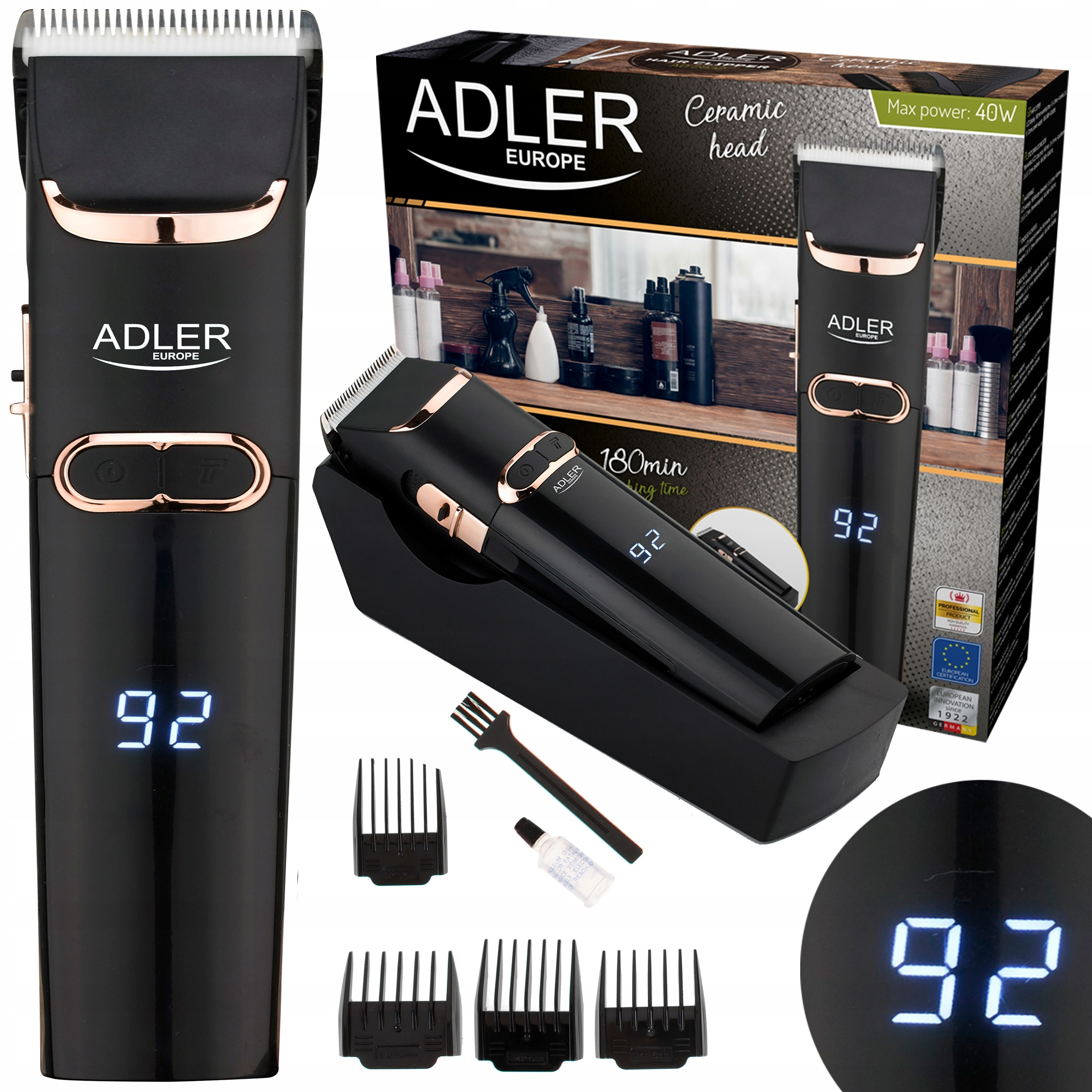 Maszynka do Włosów Brody Bezprzewodowa LCD 4 Nasadki 3-12mm Adler Ad 2832