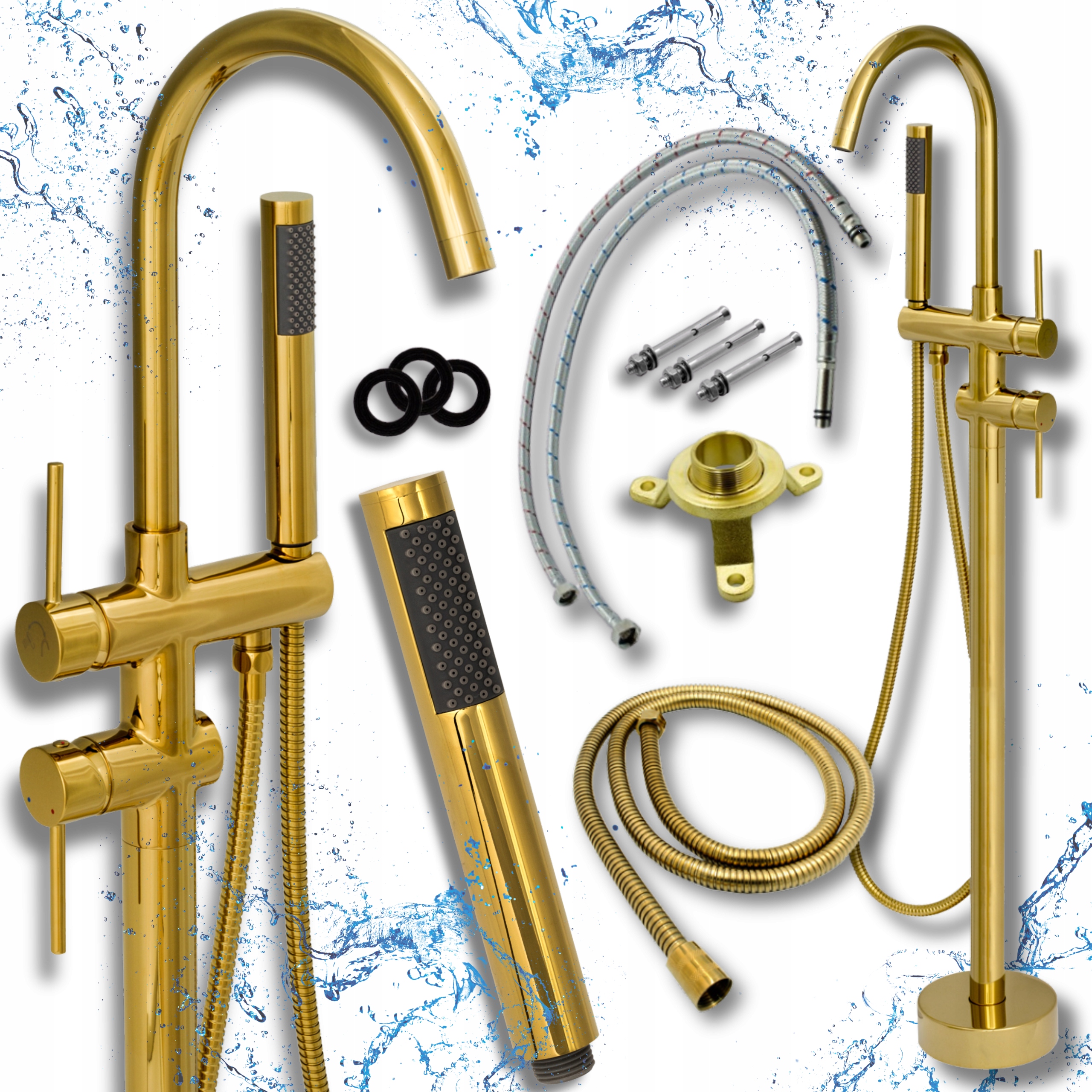 Volně stojící vanová baterie do vany, zlatá, koupelnová, s dlouhým výtokové ramínko