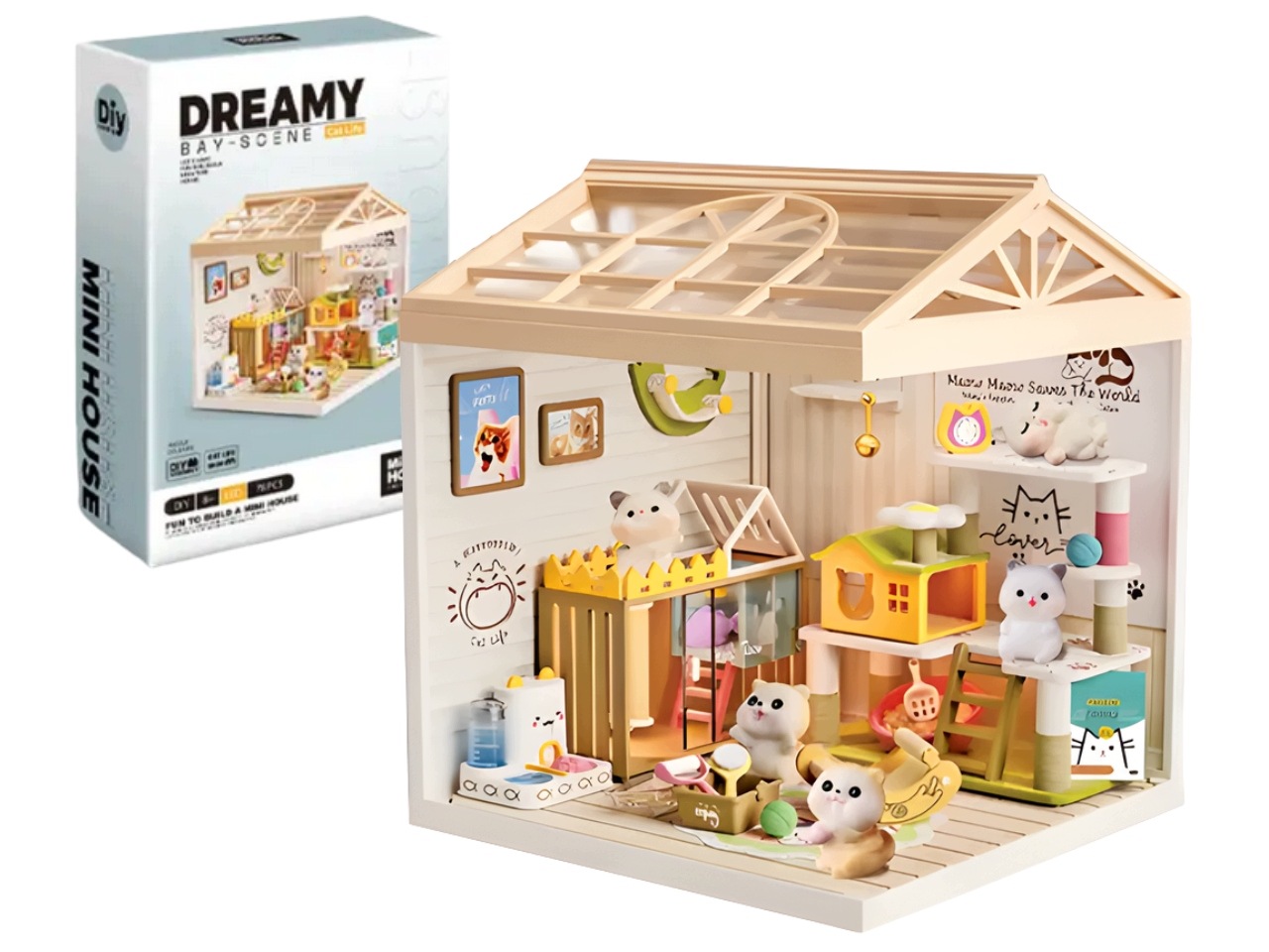 Miniaturowy domek Diy Kocie Przedszkole Zestaw Do Skłądania , Led, 79 El.