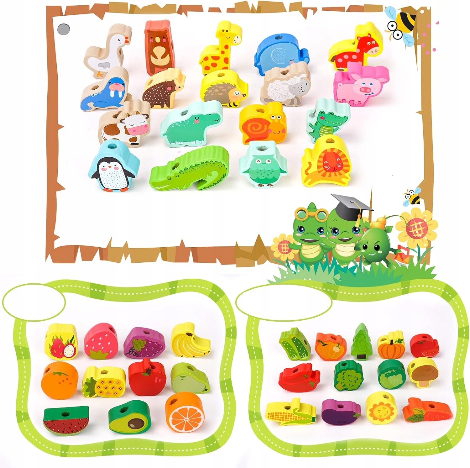 KORALIKI KLOCKI DREWNIANE DO NAWLEKANIA MONTESSORI EDUKACYJNE DUŻY ZESTAW Stan opakowania oryginalne