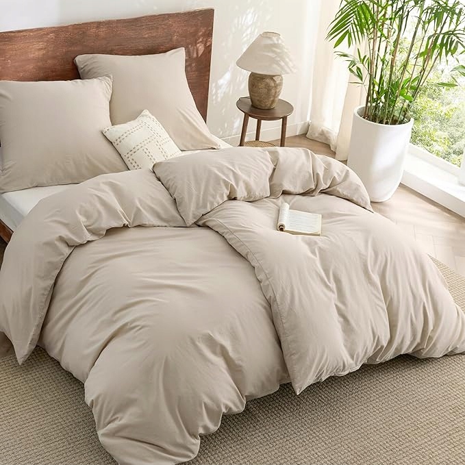 Bedsure Pościel 2x 135x200 cm 2x 80x80 cm z zamkiem bawełna beżowa