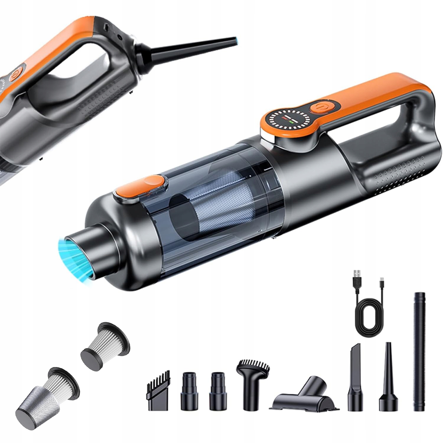 Akumulátorový ruční vysavač do auta, dobíjecí, Led světlo, oranžový