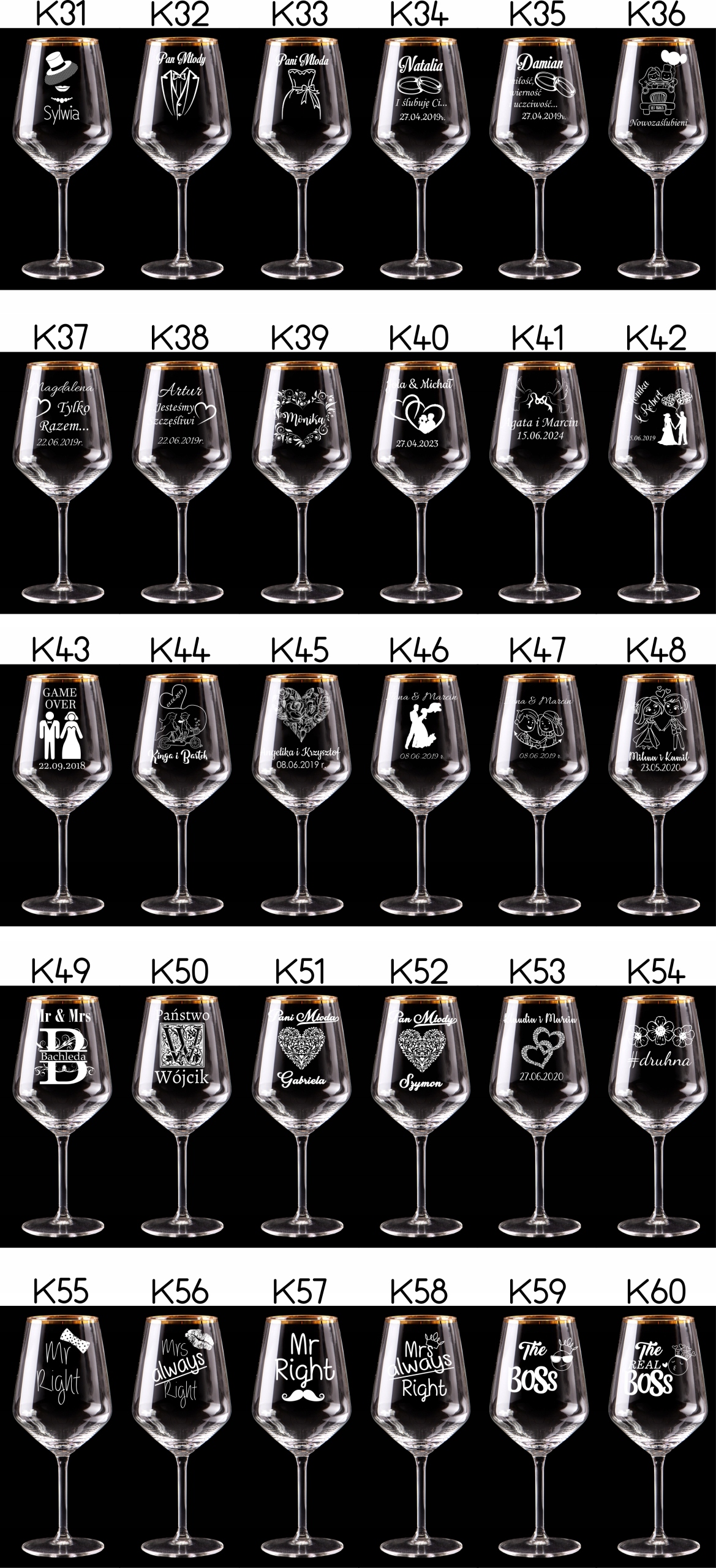 Kieliszki XXL 530 ml do wina z grawerem PREZENT ŚLUB URODZINY ROCZNICA Linia Rubin Gold