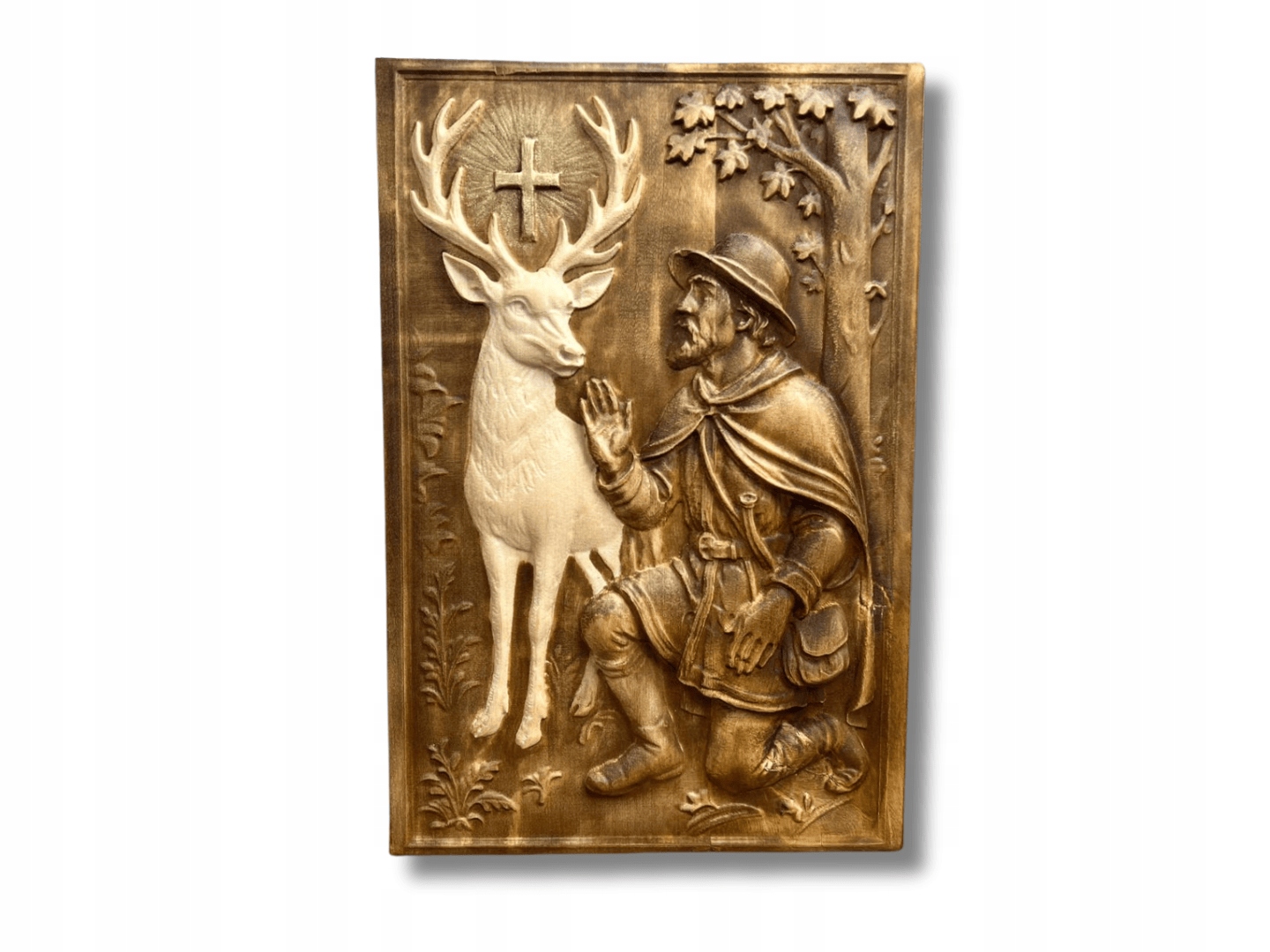 Drevený obraz legenda Sv. Hubert s bielym jeleňom darček pre poľovníka farby