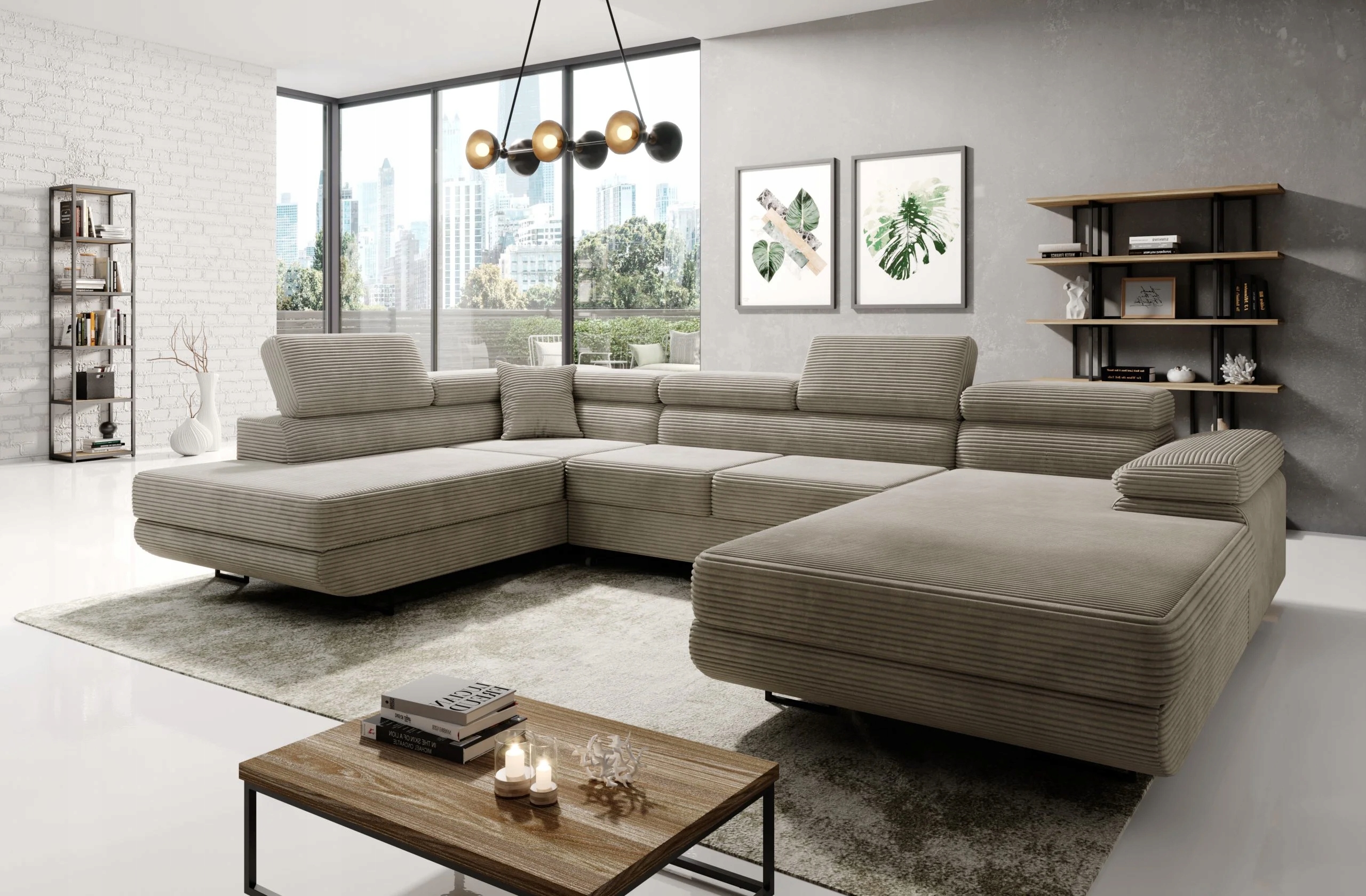 Velký béžový rozkládací rohová sedací souprava Astorp U levý se dvěma nádobami