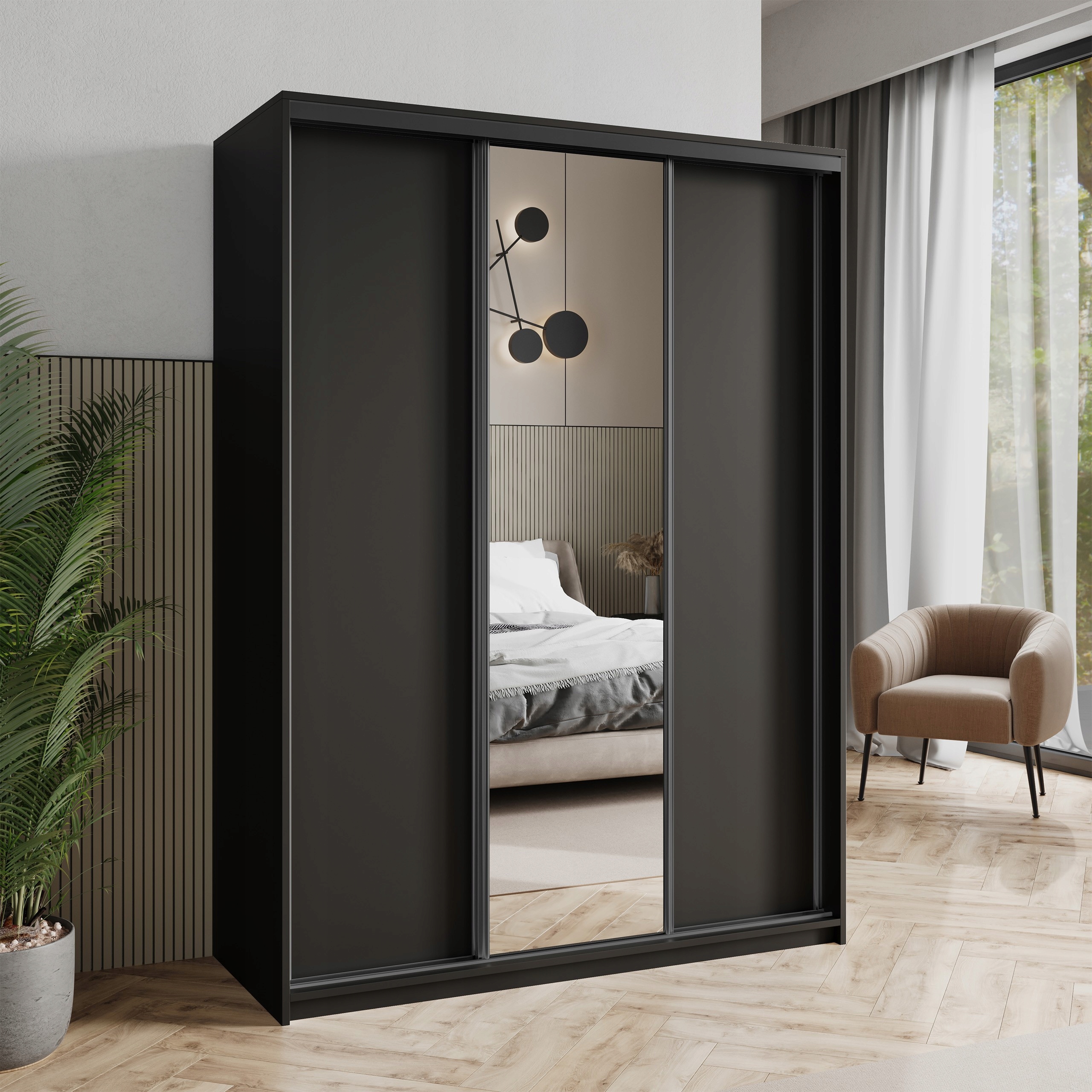 Skříň Posuvná třídveřová Tavi 150 cm se zrcadlem Zásuvky Černá Černá