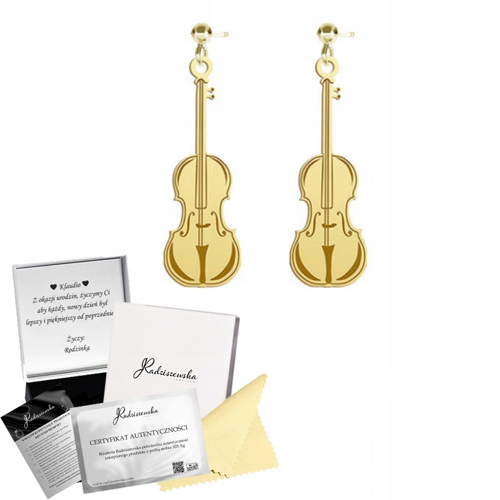 Náušnice Pozlacené housle Stříbro 925 Dárek Šperky Gravírování Bonus