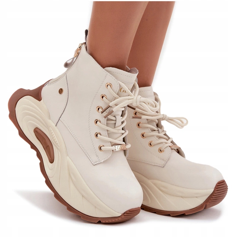 Dámské Kotníkové Boty Z Přírodní Kůže Masivní Platforma Goe SS2N4300 Světle Béžové 37