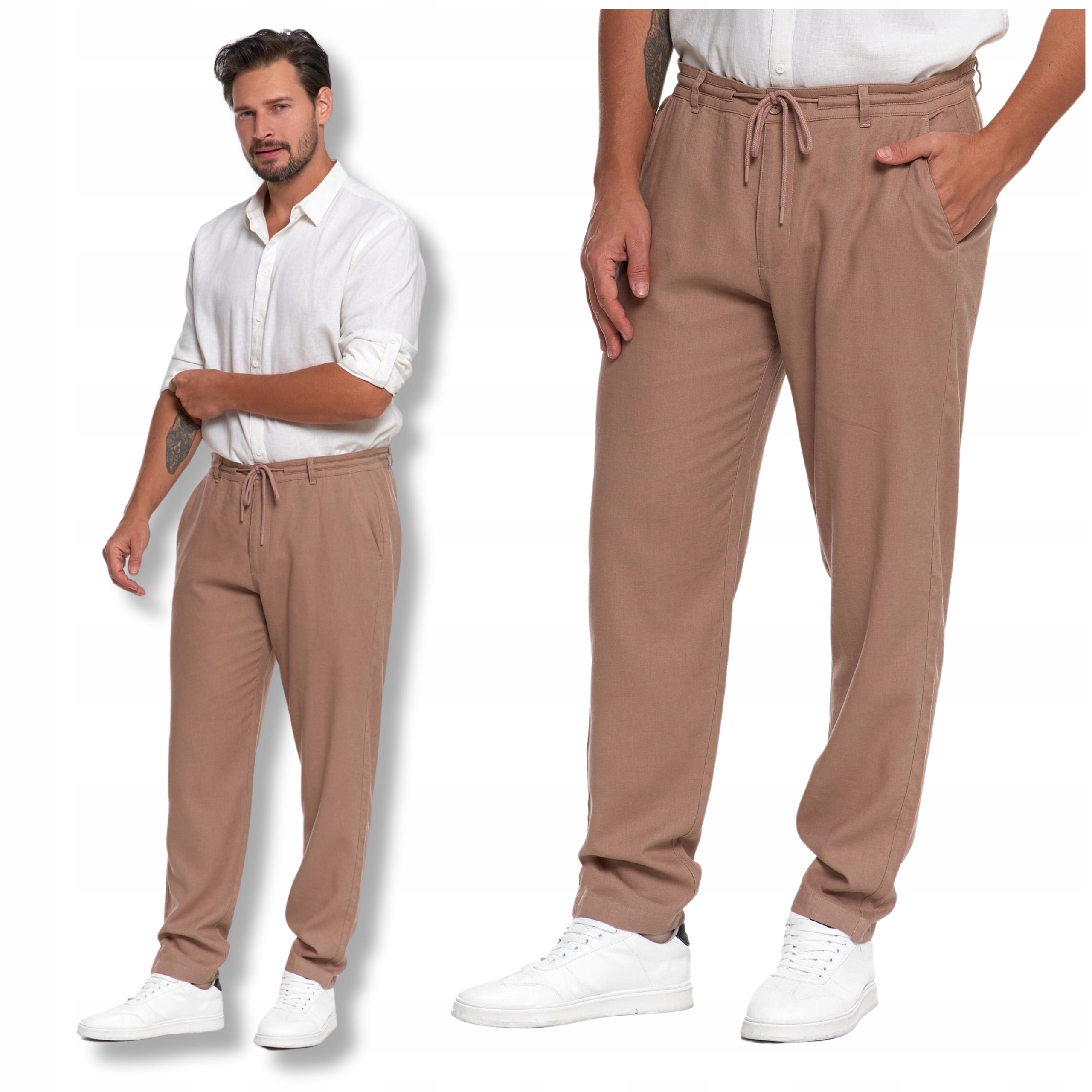 Pohodlné pánské lněné kalhoty s elegantním zavazováním, jednoduché nohavice Moraj XXL