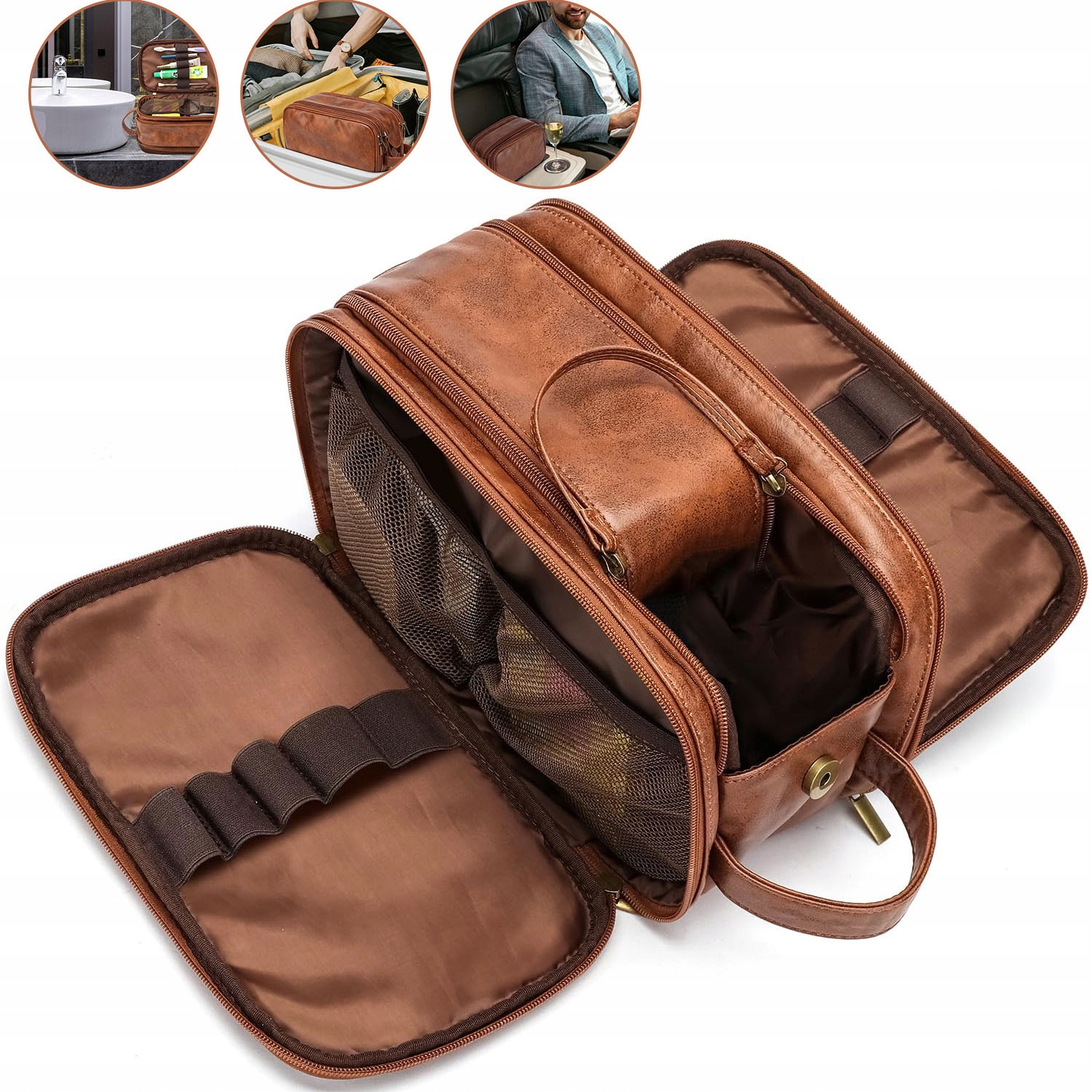 Velká Pánská Kožená Cestovní Kosmetická Taška, Hnědá