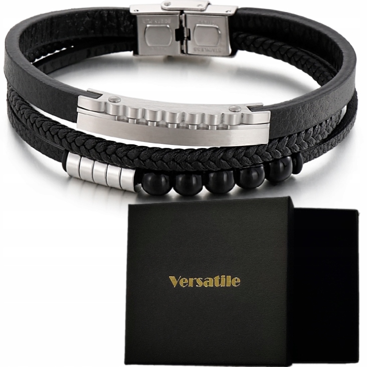 

Bransoletka potrójna stal, skóra Srebrna Versatile