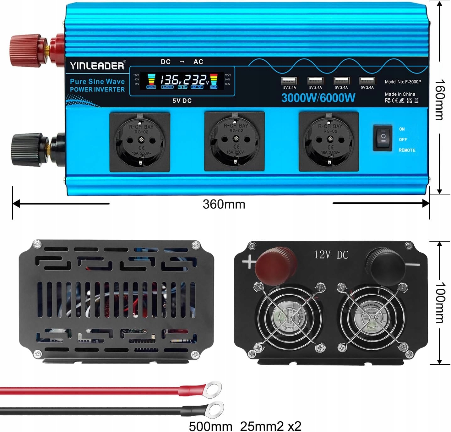 Przetwornica napięcia 3000W/6000W YINLEADER 3 GNIAZDA 4 PORTY USB Stan opakowania oryginalne