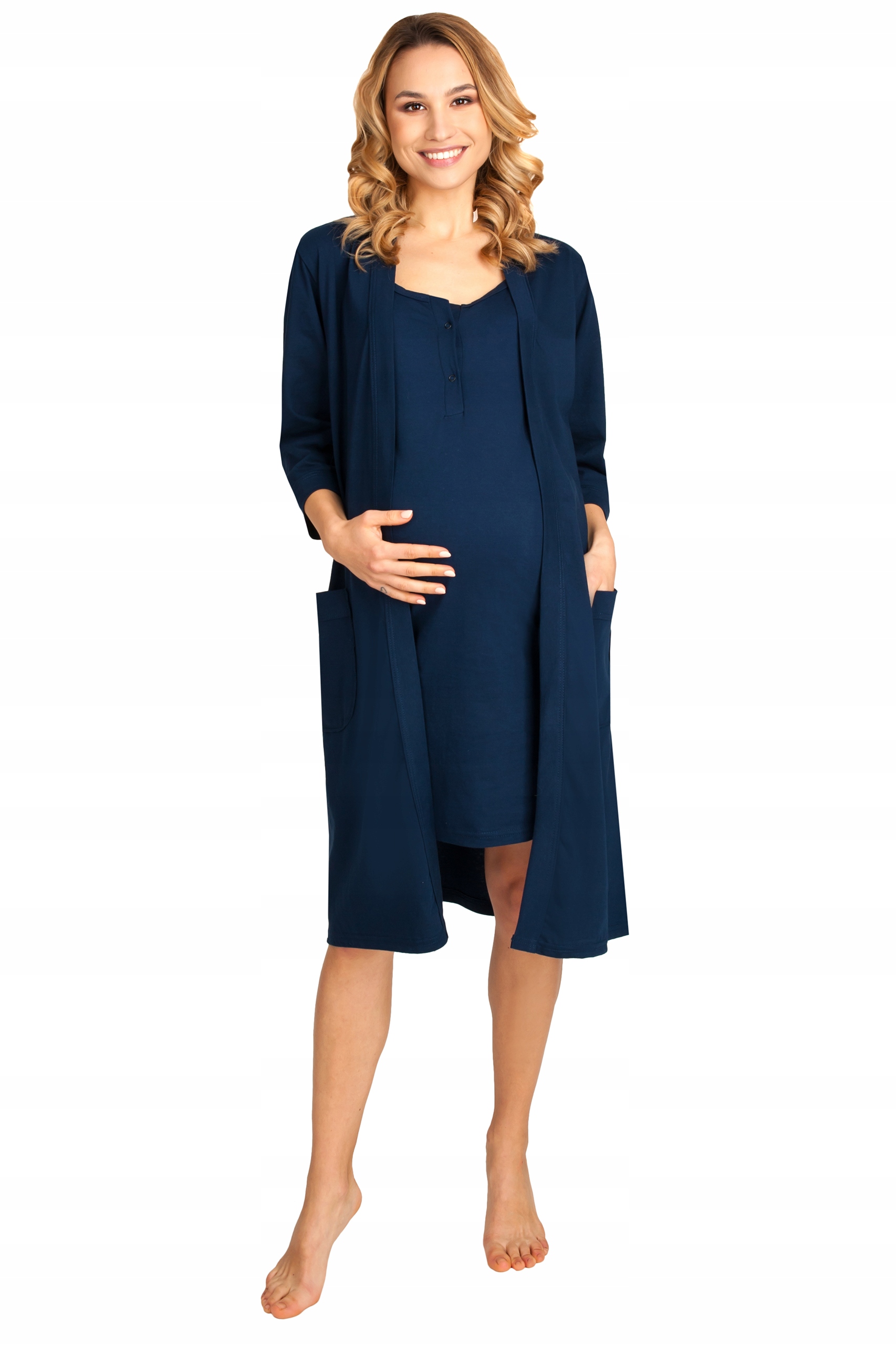 SZLAFROK KOSZULA NOCNA KOMPLET CIĄŻOWY BAWEŁNIANY GRANATOWY L Rozmiar L