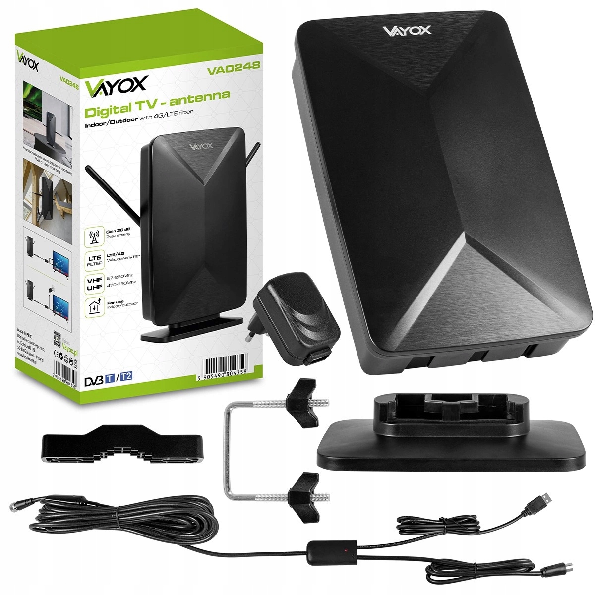Pokojová/venkovní anténa se zesilovačem DVB-T/T2 Vayox