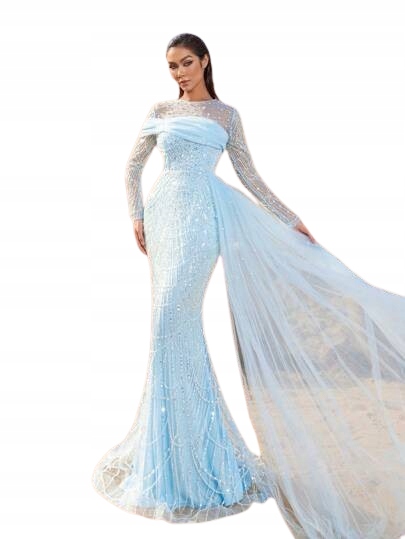 Shein Dlouhé Šaty S Flitry A Tylem, Modré, Velikost XL 1JI