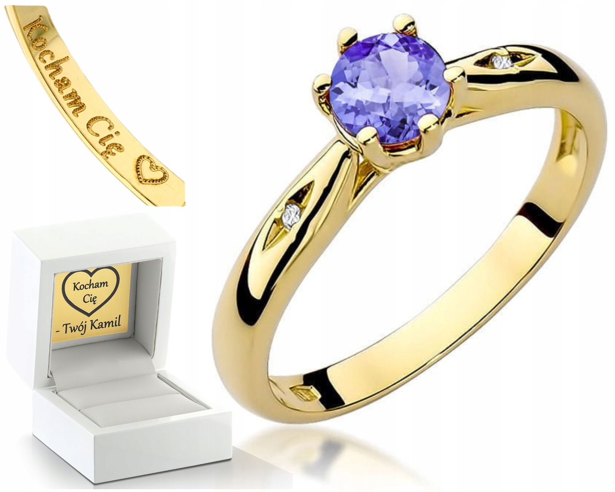 Zlatý Prstýnek S Diamantem A Tanzanitem Gravírování