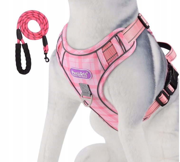 Levně Postroj s vodítkem pro psa, beztlakový, reflexní, nastavitelný, růžový, S