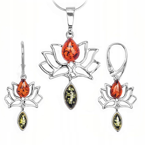 Lotosový Květ stříbrný komplet se zeleným koňakovým Jantarem stříbro 925