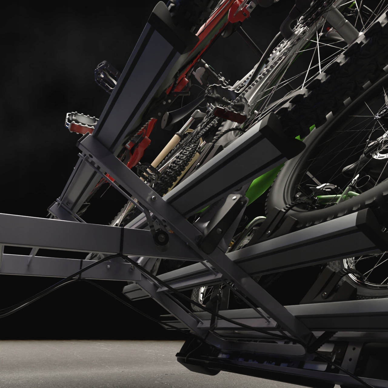 BAGAŻNIK ROWEROWY NA HAK PLATFORMA 4 ROWERY - AMOS - UCHYLANY 13 PIN ZAMEK Średnica ramy rowerowej 20-80 mm