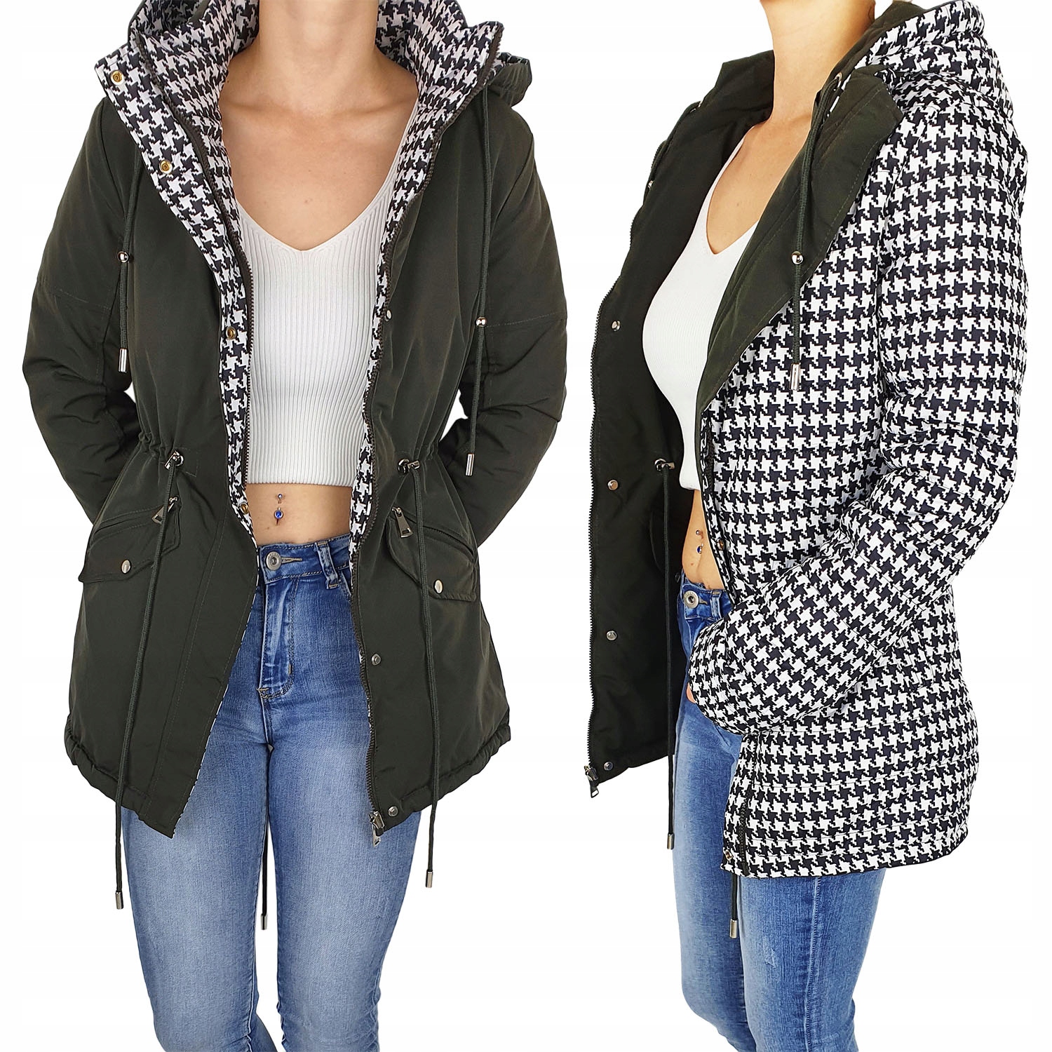 #oboustranná Bunda Dámská Parka S Kapucí Zelená