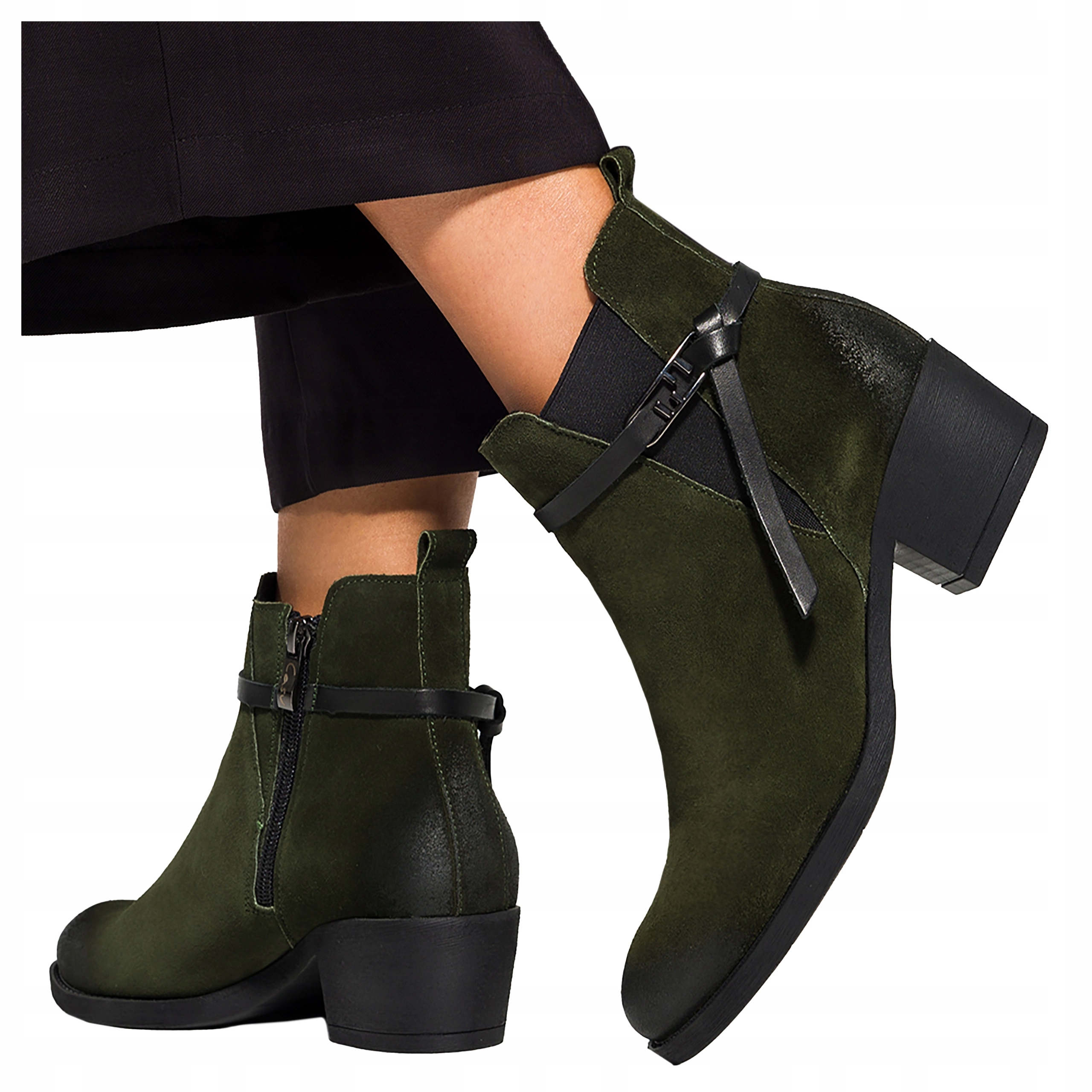 Dámské Kotníkové Boty Zelené Módní Pásek Pohodlné Nízký Podpatek Kožené Polské vel. 40