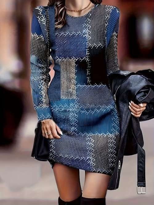 Damska Sukienka Mini Z Długim Rękawem I Okrągłym Dekoltem Wzorzyste / S-M Rozmiar S/M