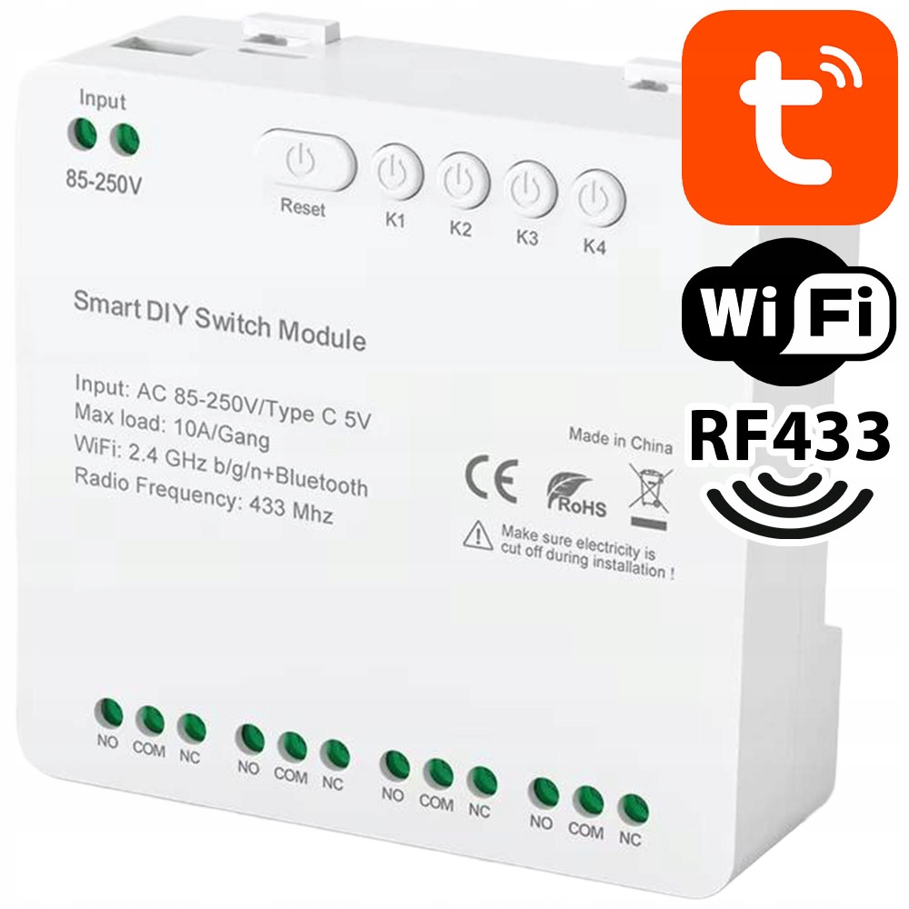 Sterownik 4-Kanałowy 10A WiFi Tuya NO/NC/Beznapięciowy 230V/5V Usb-c RF433