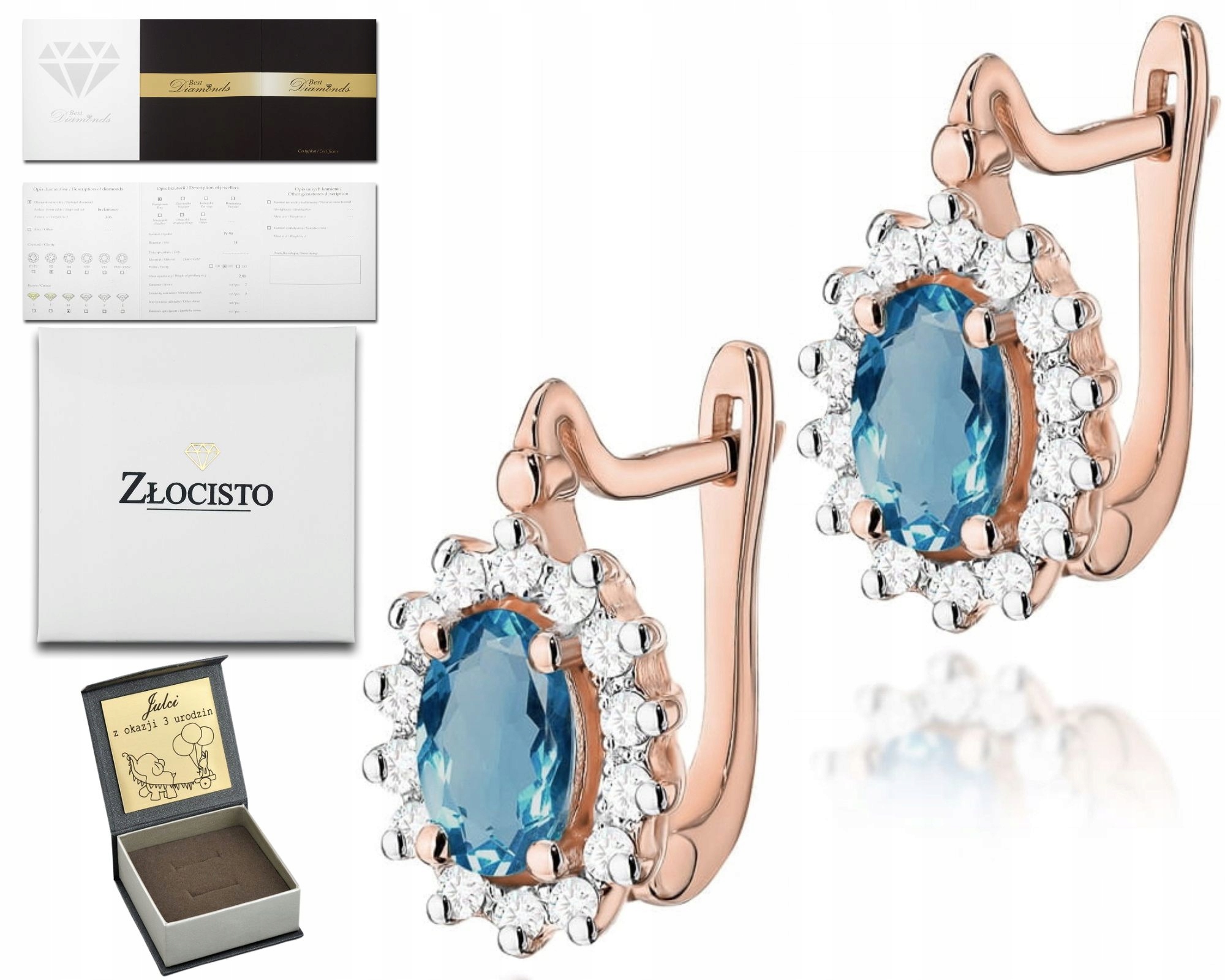 Růžové Zlato Náušnice 585 S Modrým Kamenem Topaz London Blue Brilianty