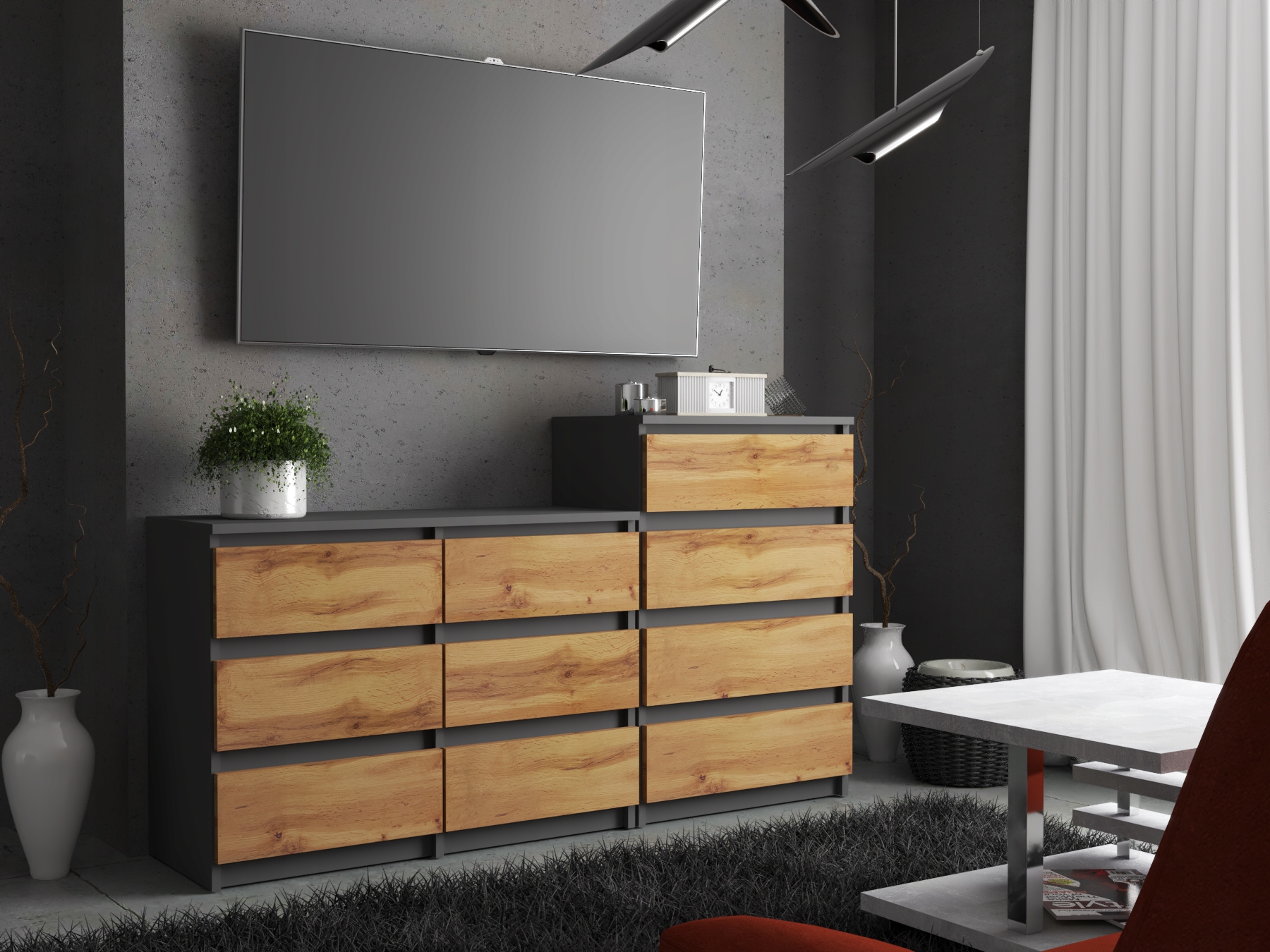 KOMODA SALON SZAFKA 6+4 SZUFLAD SZARY DĄB WOTAN Kolor mebla odcienie szarości