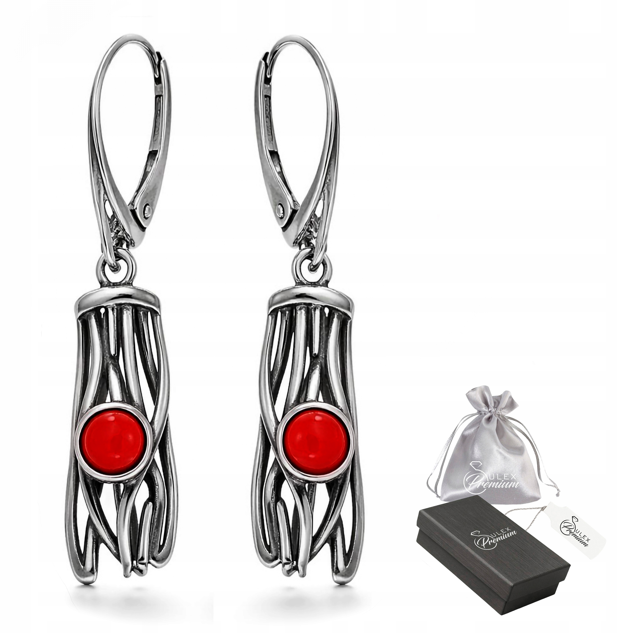 Stříbrné Náušnice ryzost 925 Elegantní ažurové s červeným korálem pro ni