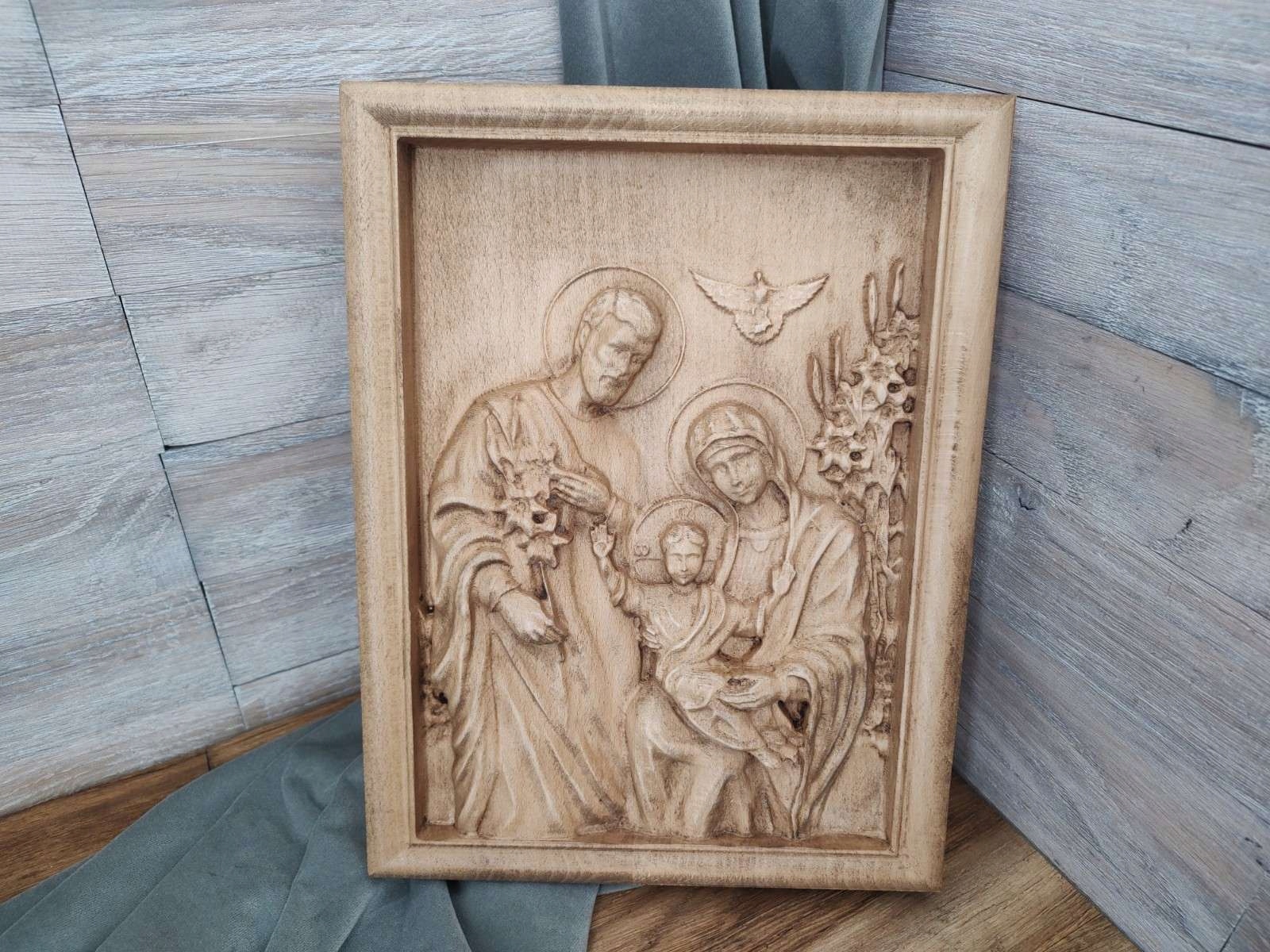 Ikona dřevěný reliéf Svatá rodina III dárek svatba obraz 20 cm