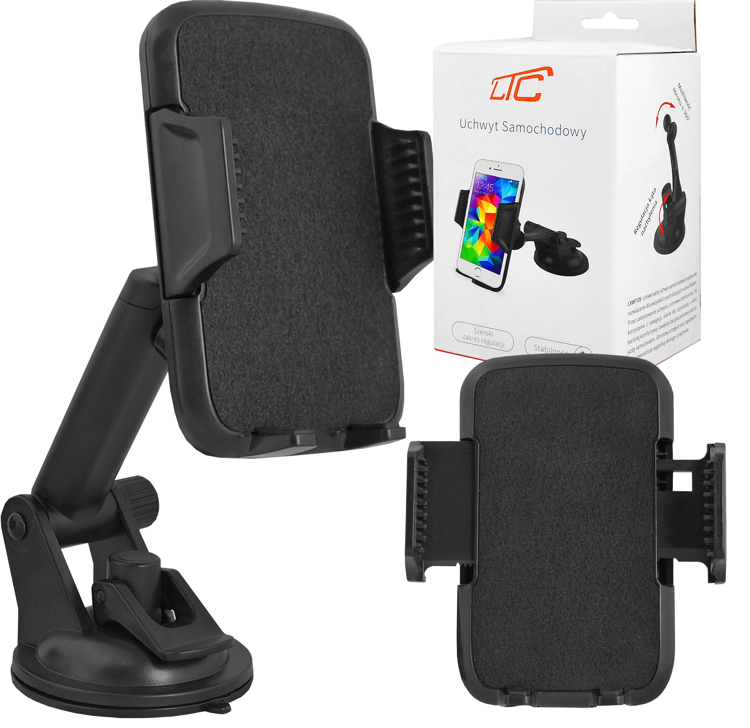 UCHWYT SAMOCHODOWY NA TELEFON NA SZYBĘ KOKPIT OBROTOWY REGULACJA PRZYSSAWKA