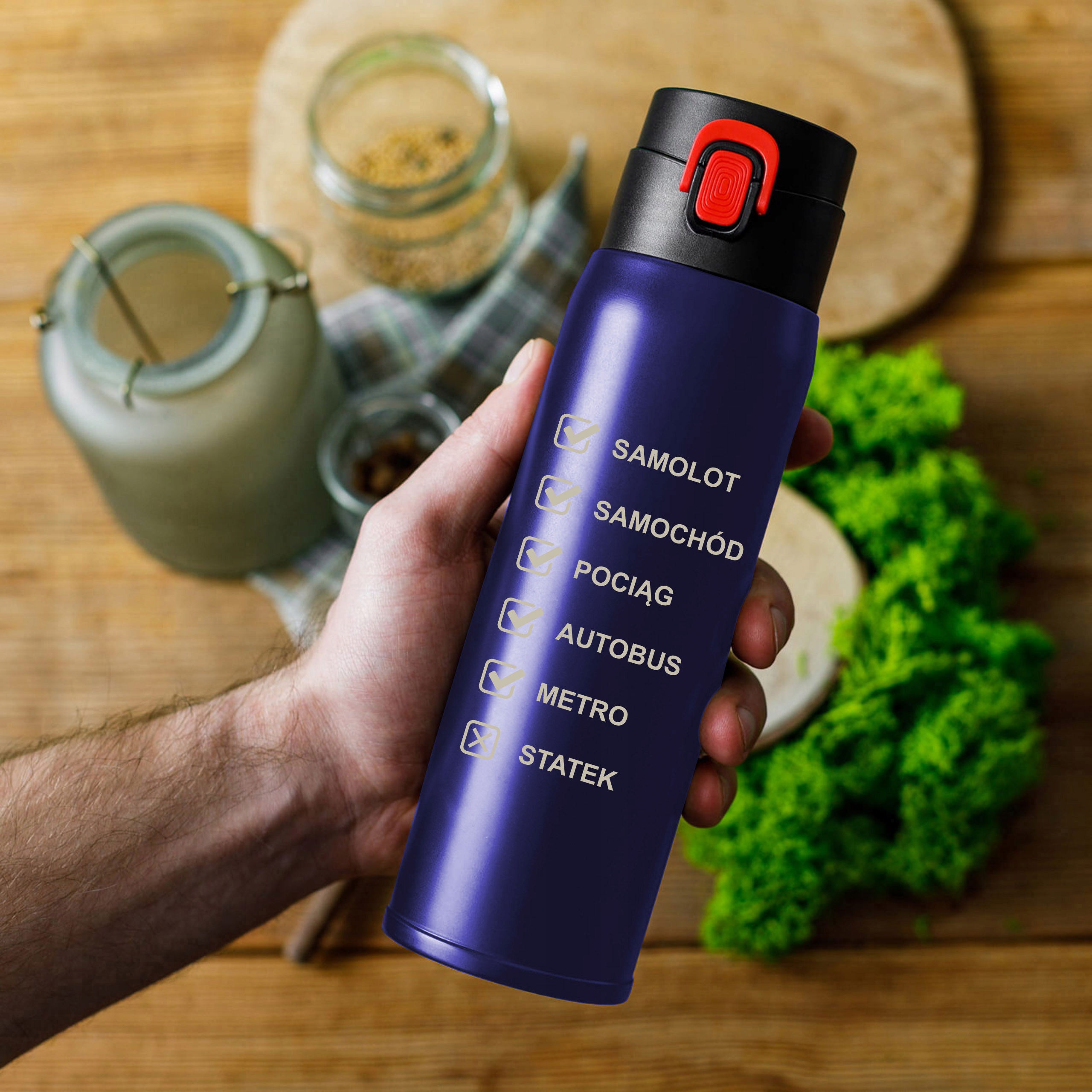 KUBEK TERMICZNY TERMOS NA KAWĘ HERBATĘ DO SAMOCHODU 420ml NIEBIESKI +GRAWER Materiał stal nierdzewna