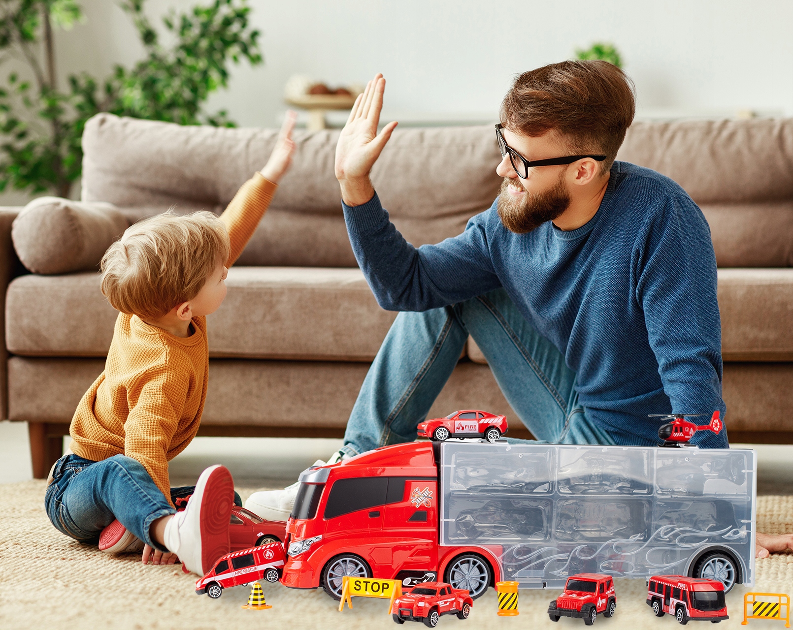 CIĘŻARÓWKA LAWETA STRAŻ POŻARNA AUTA HELIKOPTER WÓŻ STRAŻACKI TRANSPORTER Model Truck Carry Case