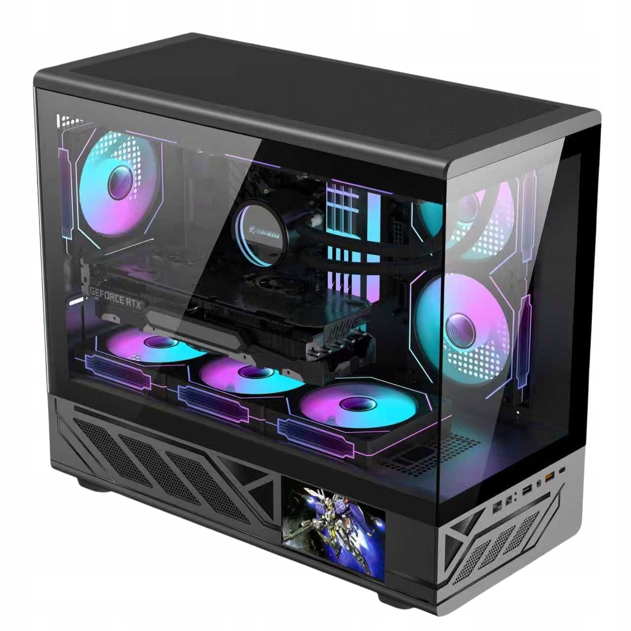 Počítačová Skříň s LCD displejem, Gaming, 6x ventilátor 120 mm aRGB Led, sklo