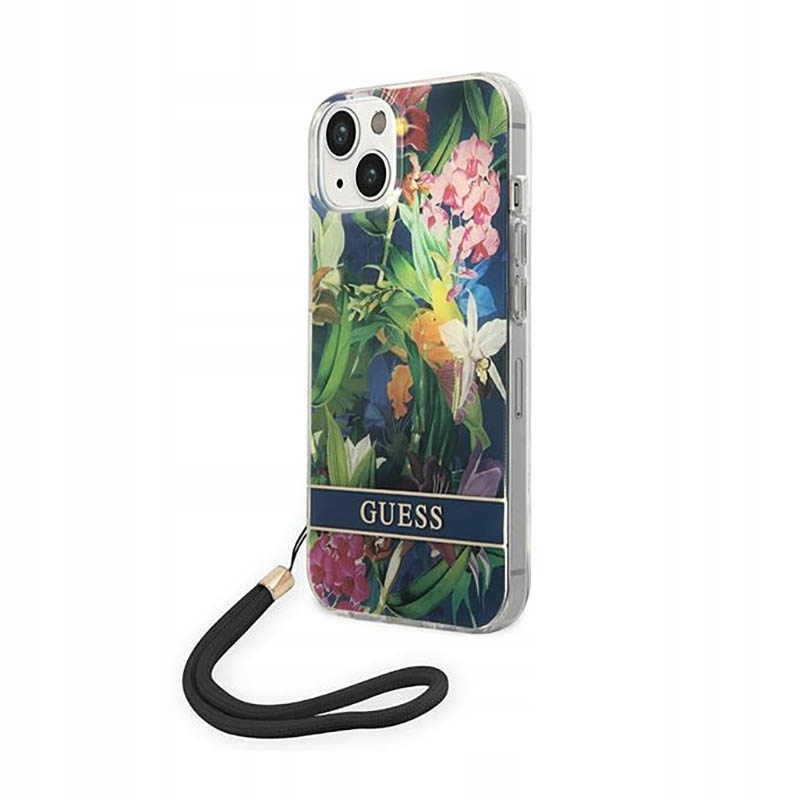 Guess Flower Cord – Pouzdro s poutkem pro iPhone 14 (modré)