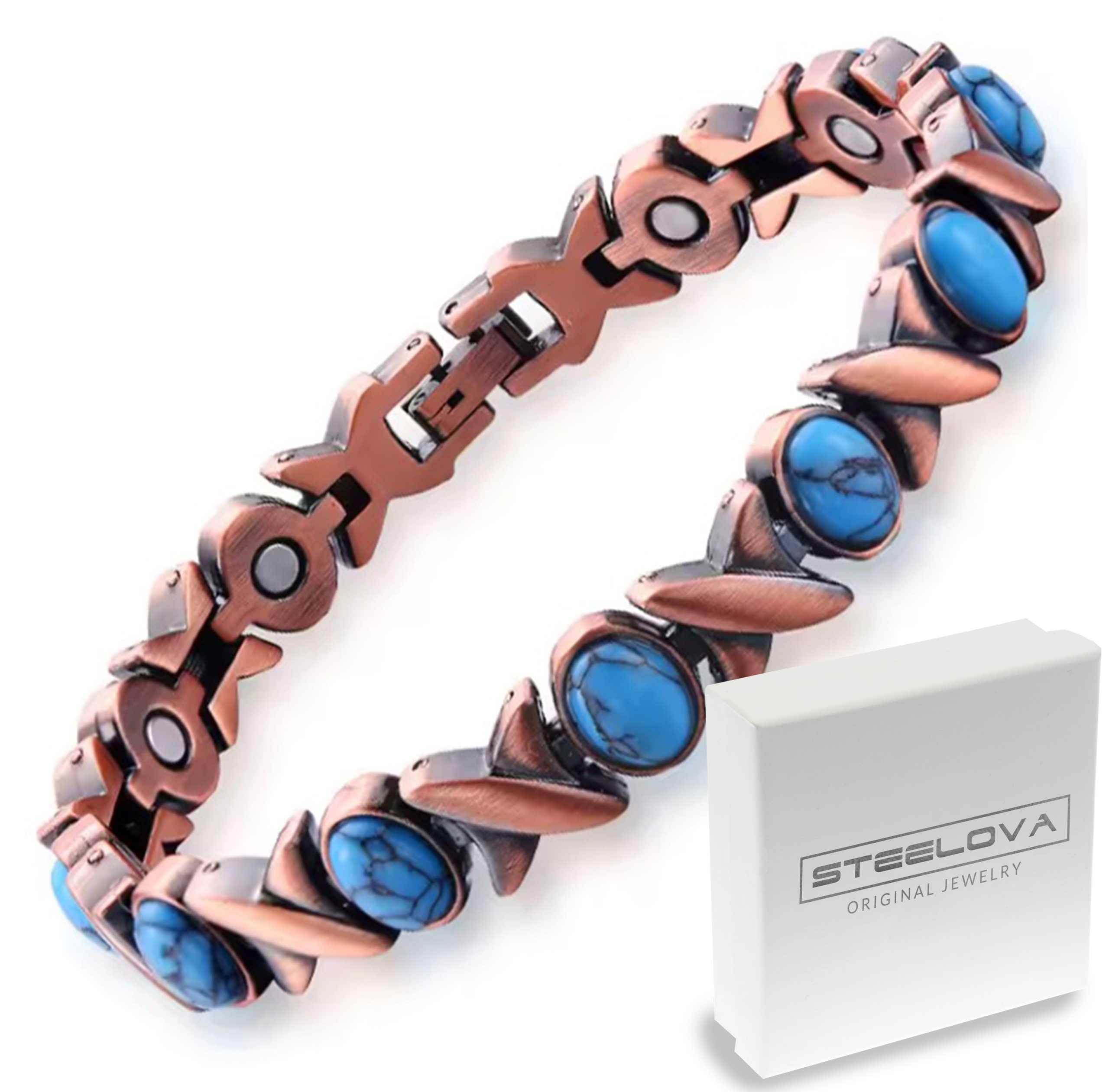 Měděný náramek s tyrkysovým howlitem, neodymové magnety 20,5 cm