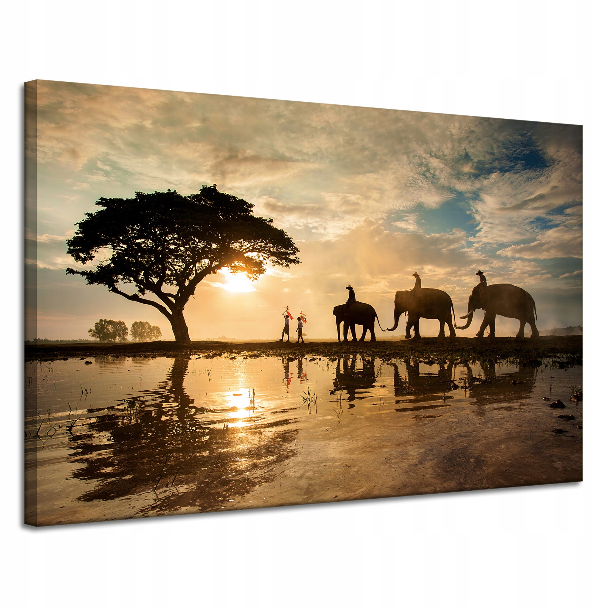 Obraz na plátně Lidé na Slonech Západ Slunce Afrika Savana 120x80 cm
