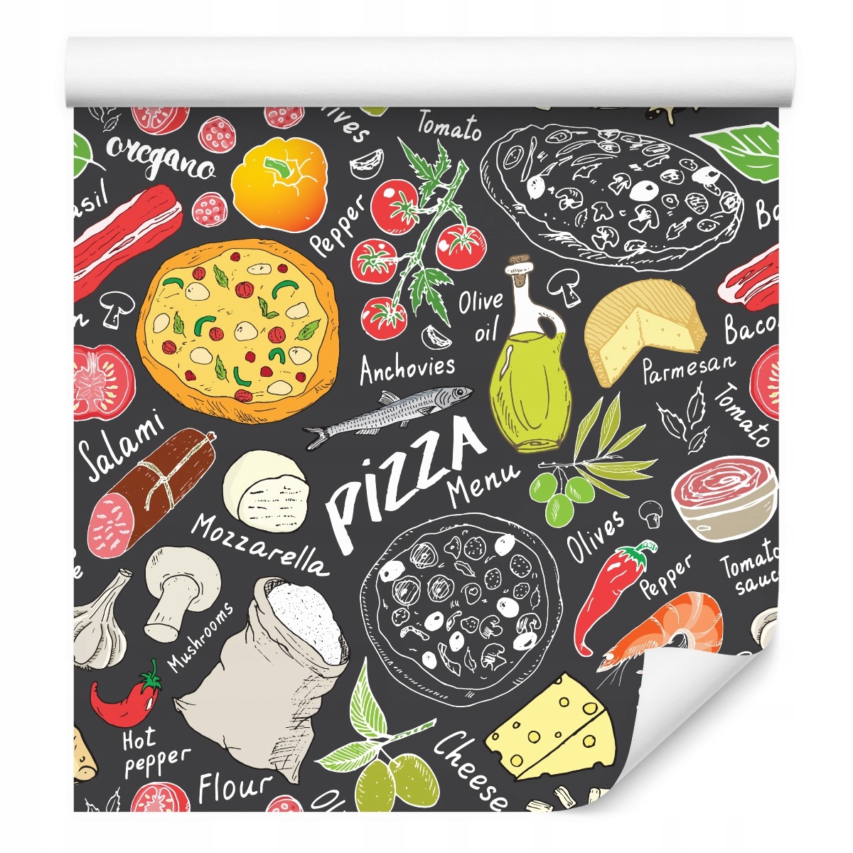 

Tapeta do kuchni pizza ser grzyby oliwki pomidory