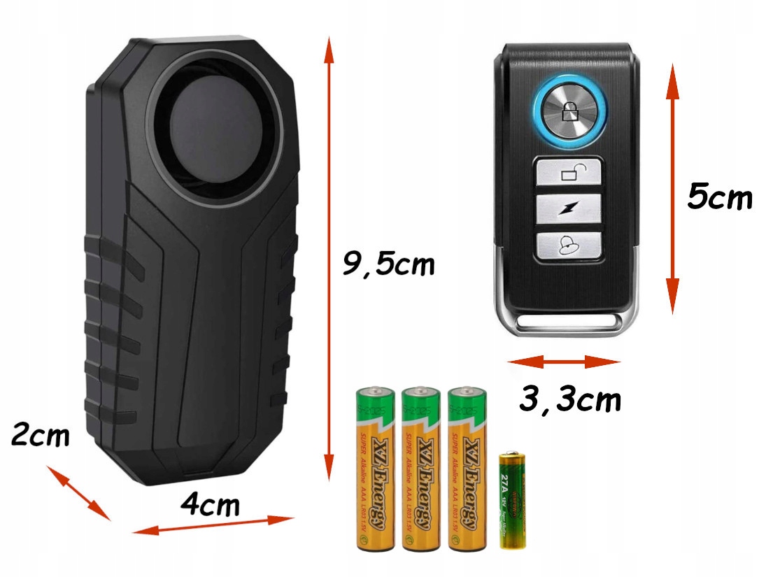 ALARM ROWEROWY + PILOT zabezpieczenie DO ROWERU SKUTERA MOTORU HULAJNOGI Długość 9.2 cm