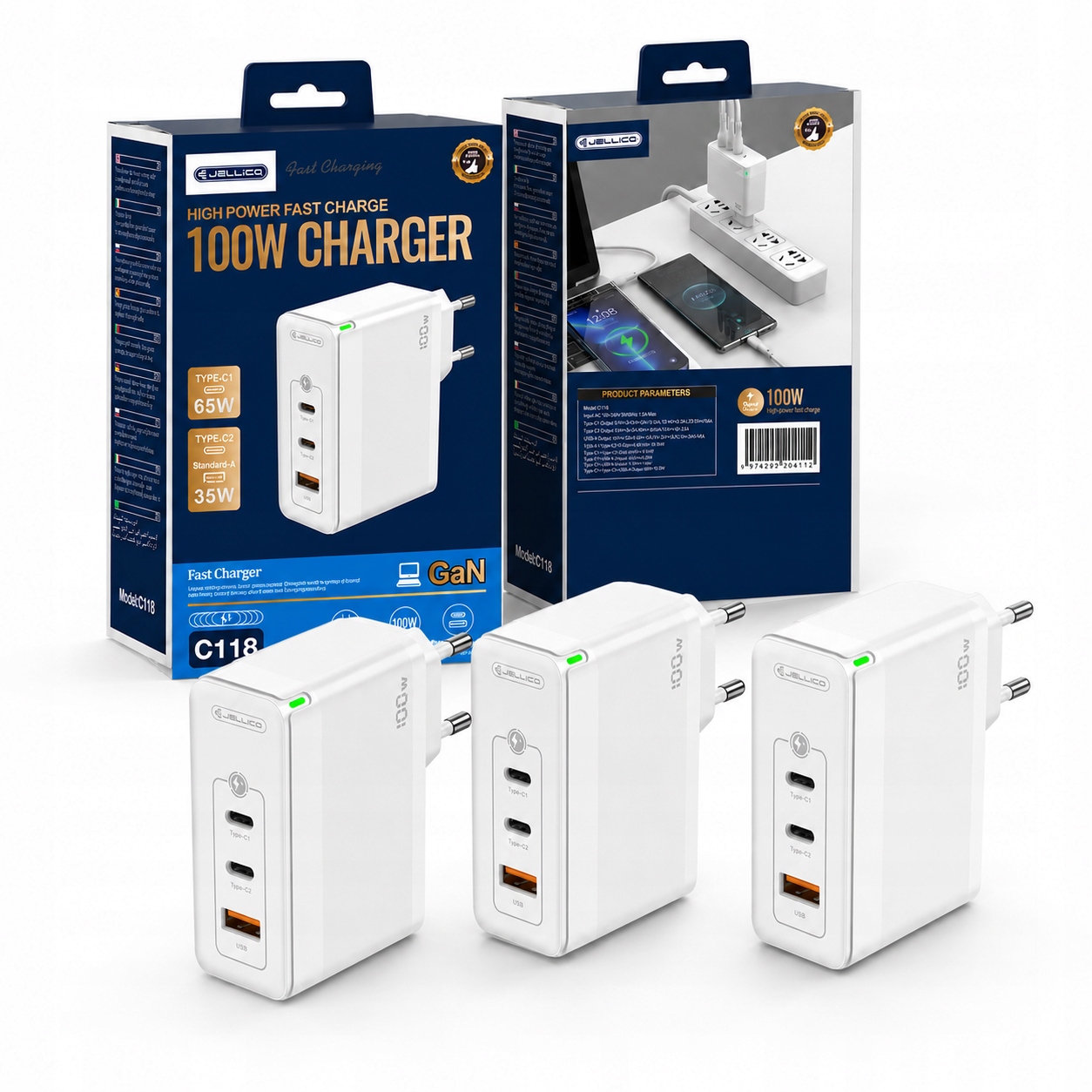 3-PAK Rychlá síťová nabíječka 100W 2x Usb-c 1x Usb Quick Charge 3.0 Pd