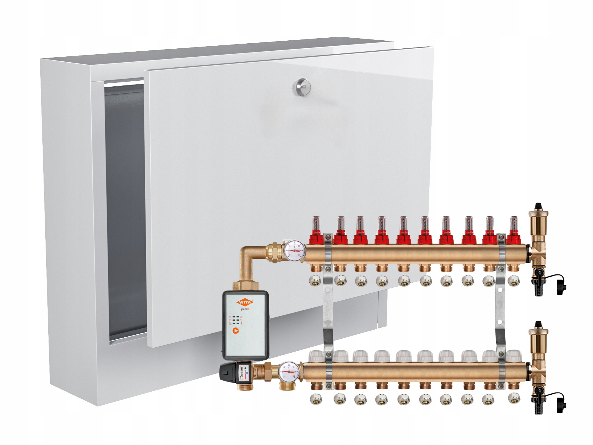 Mosazný Rozdělovač Podlahových Krytin 10+ČERPADLO Vítá Go.tec+nástěnná Skříňka+pex