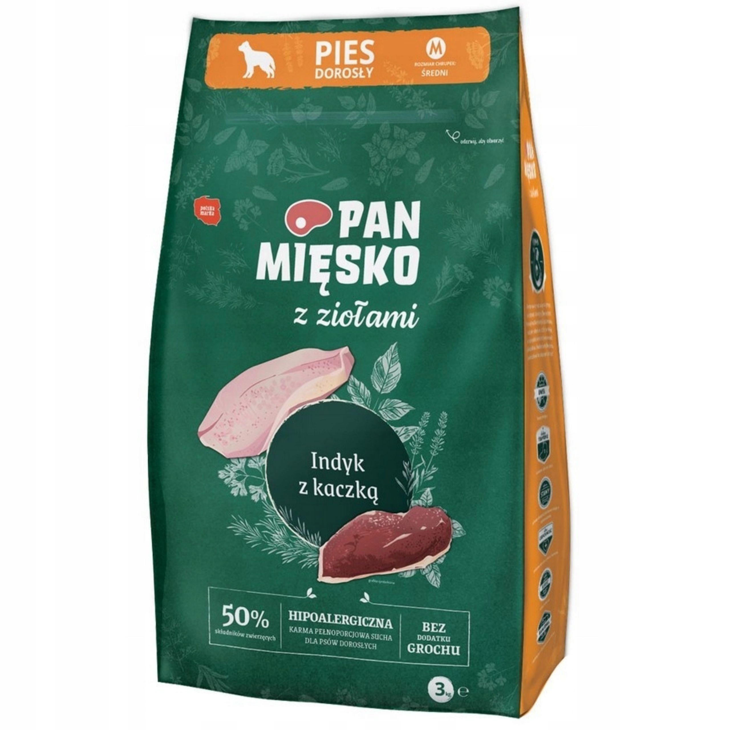 Suché krmivo pro psa Krůta kachna s bylinkami Pan Mięsko hypoalergenní M 3 kg