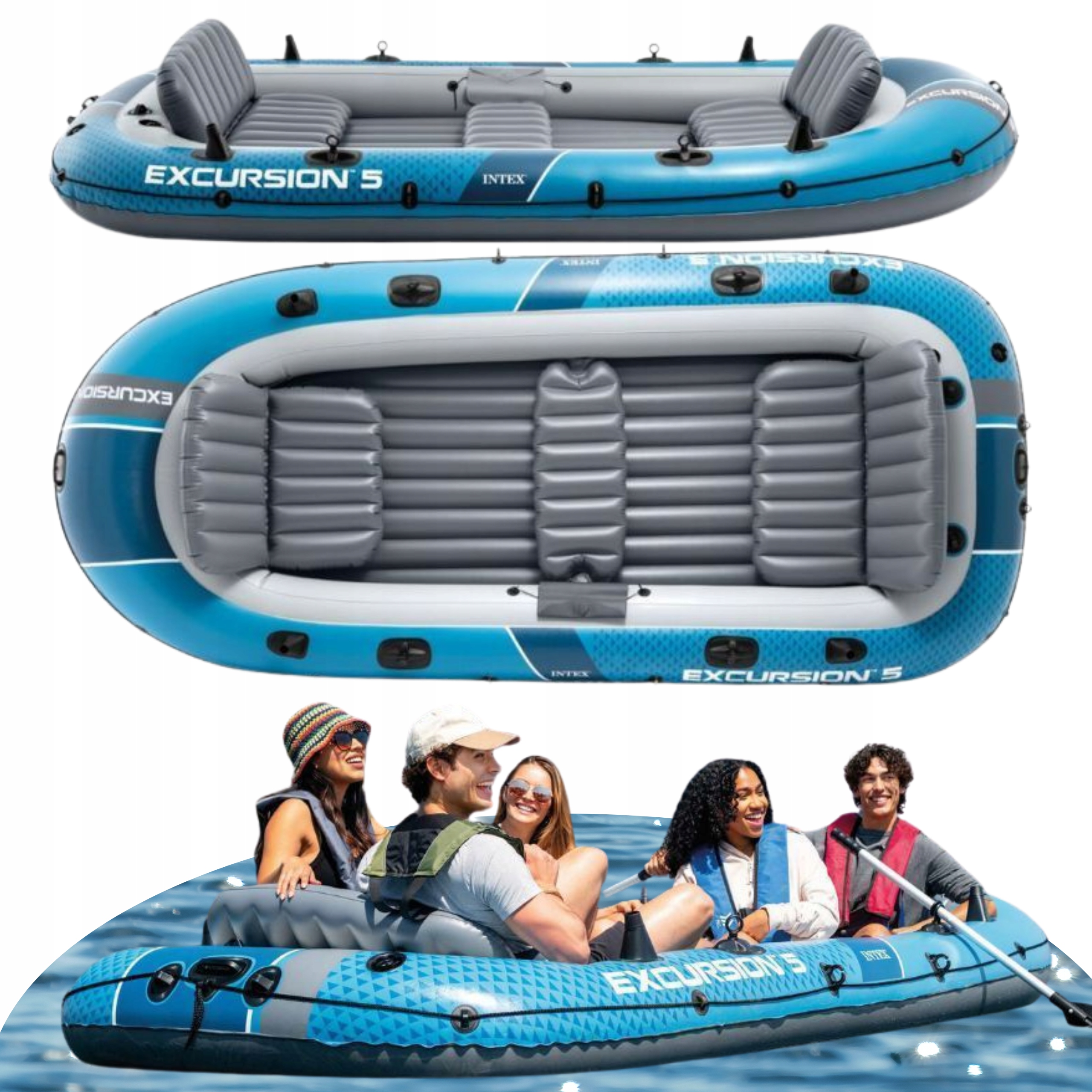 Ponton Dmuchany Duży 5 Osobowy 600kg Łódź 2 Wiosła Pompka Torba Pvc Mocny