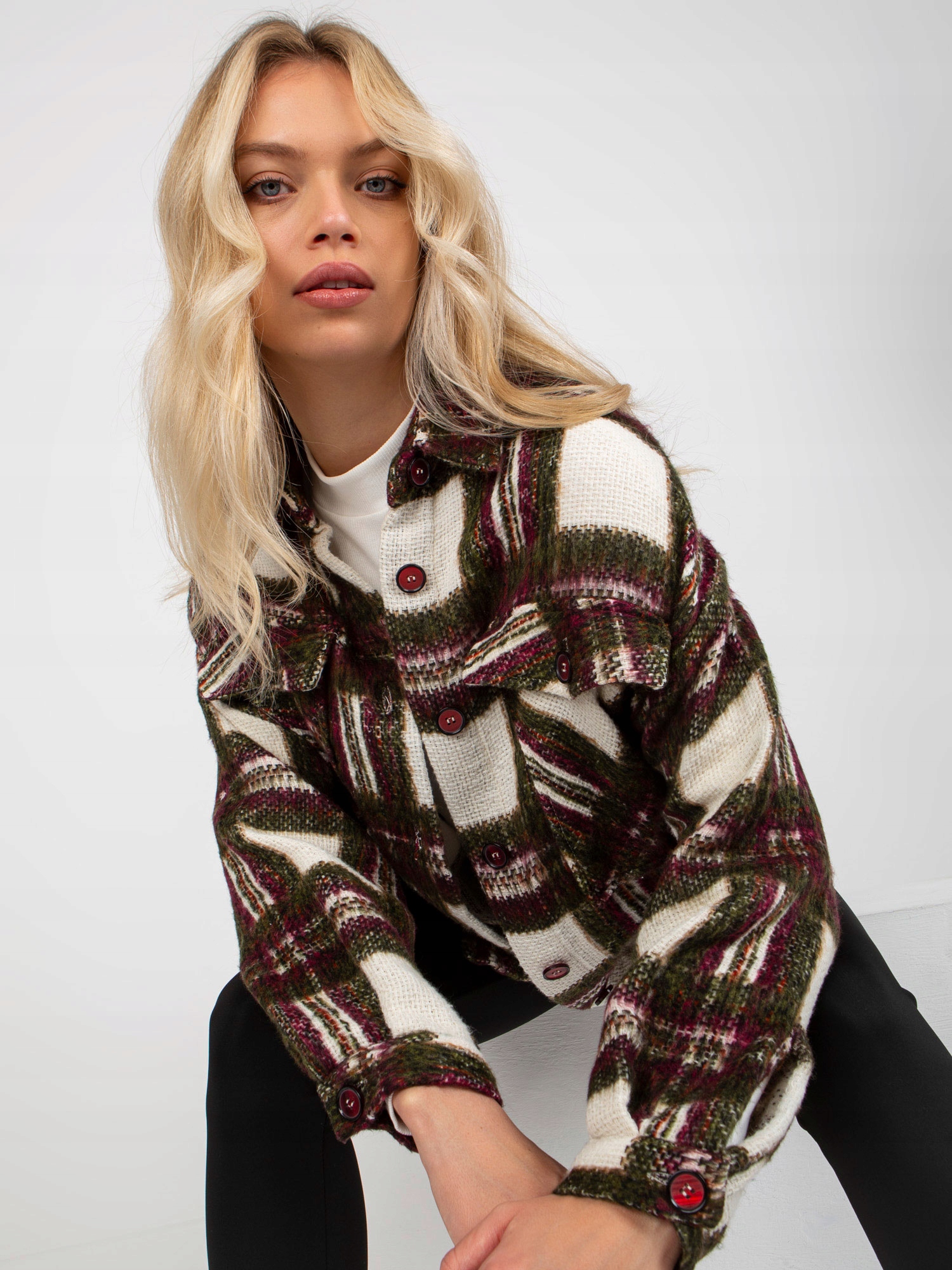 KOSZULA DAMSKA DŁUGI RĘKAW KRATKA WIELOKOLOROWY OVERSIZE KURTKA PRZEJŚCIOWA Dekolt kołnierzyk