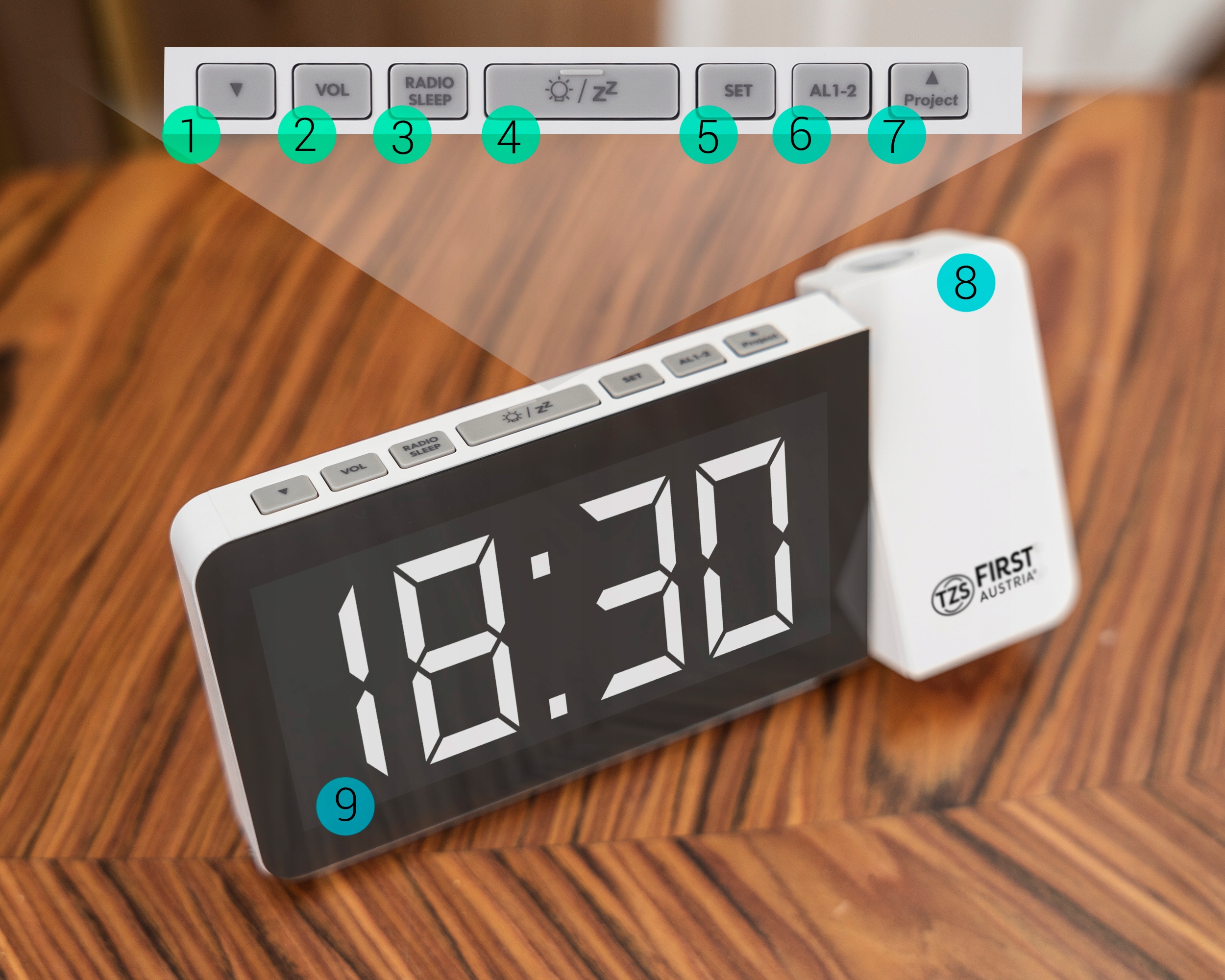 RADIOBUDZIK Z PROJEKTOREM radio budzik DUŻE CYFRY Model 2419-WI