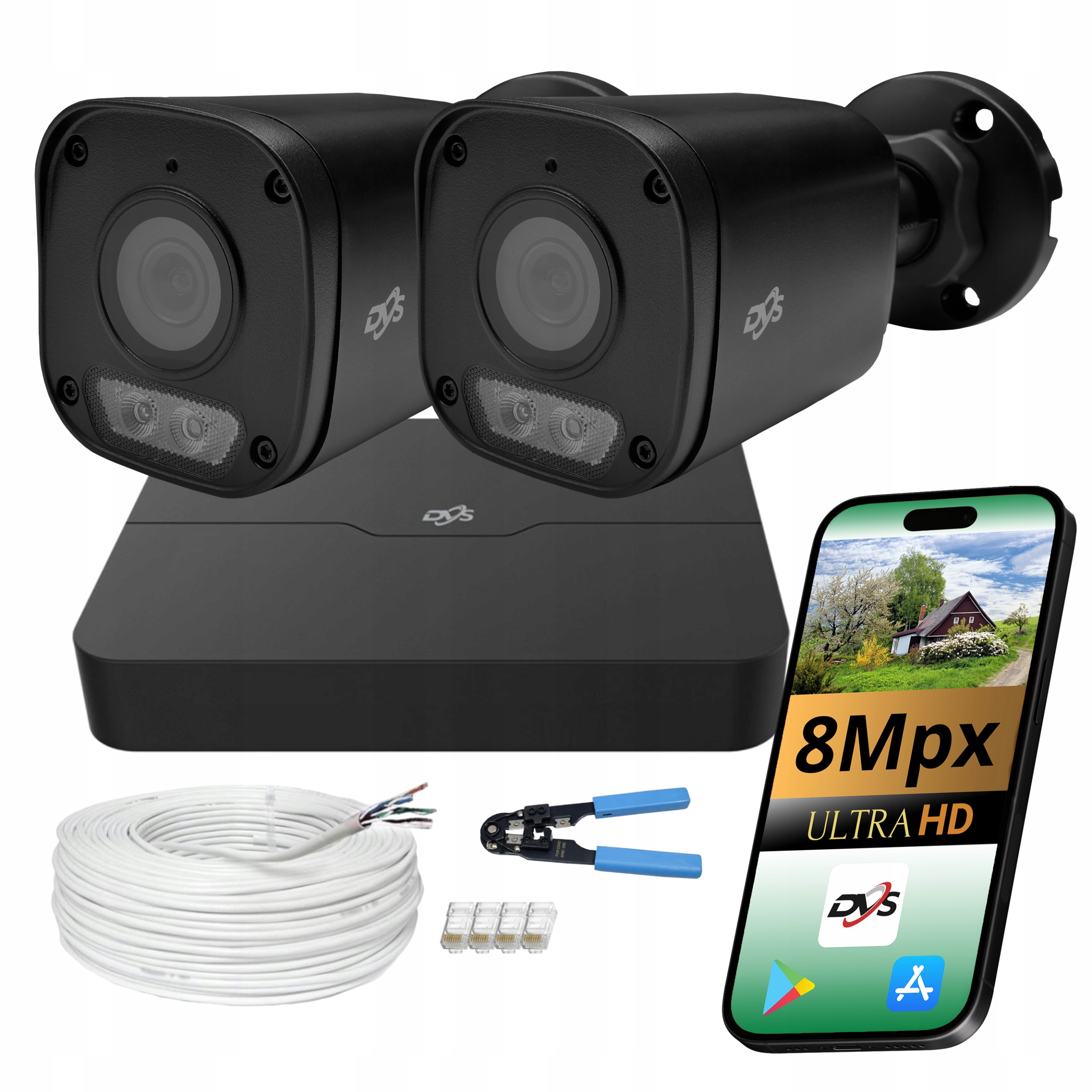 Kompletné monitorovanie domu 4K Ip PoE Dvs 2 čierne 8Mpx vonkajšie kamery