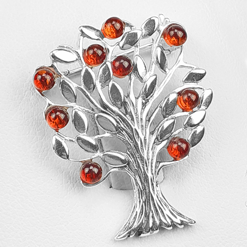 Stříbrná Originální Brož stromek z přírodního Baltský Jantar ze Stříbra